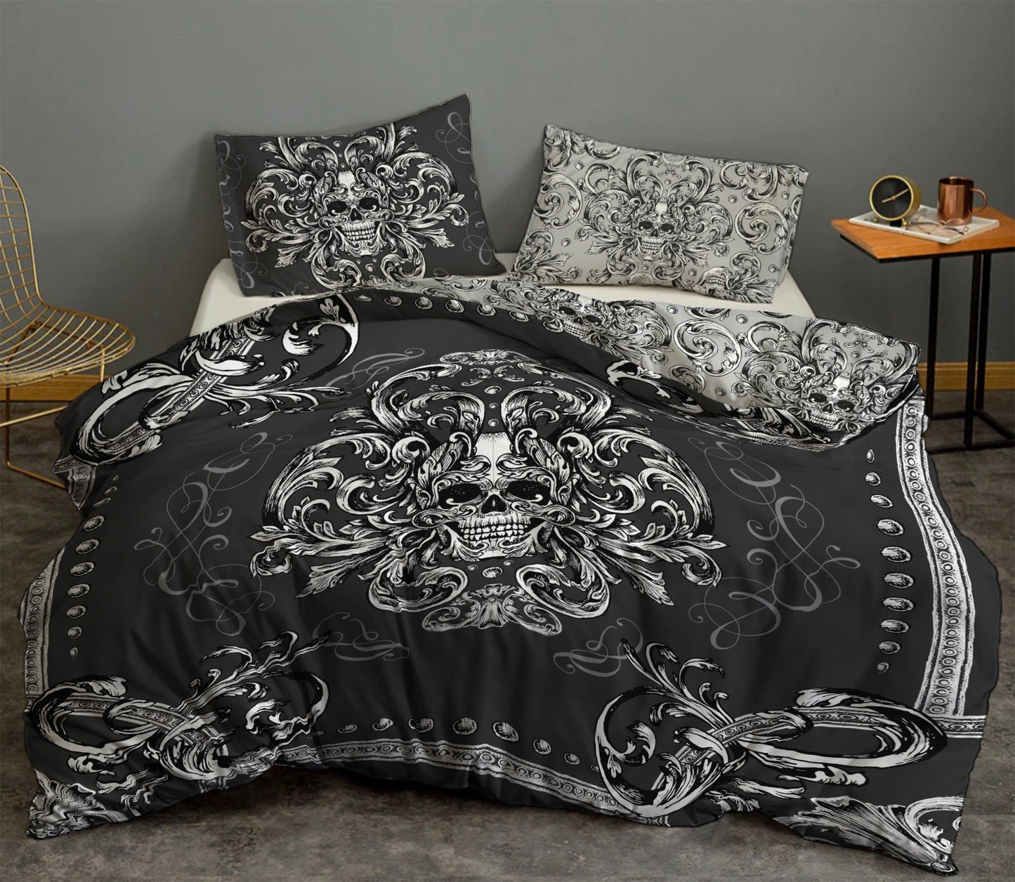 The Skull Gothic original barroco style reversible design Bedding set • AU, EU, USA Queen, King size • 100% Cotton • Microfiber