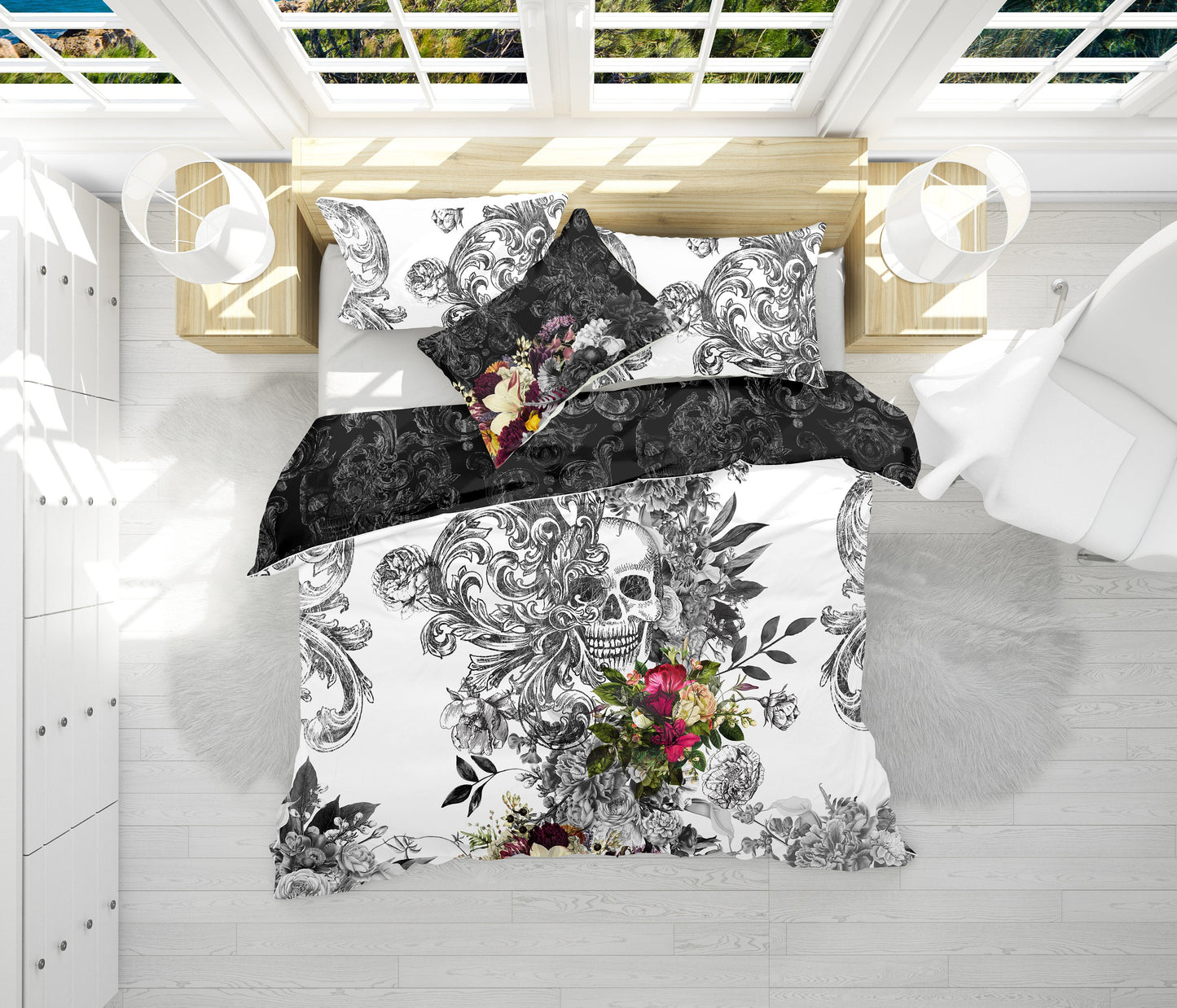 Diseño único • Juego de ropa de cama con diseño reversible gótico de calavera romántica • Personalizado • Juego de funda nórdica • Doble Full Queen King