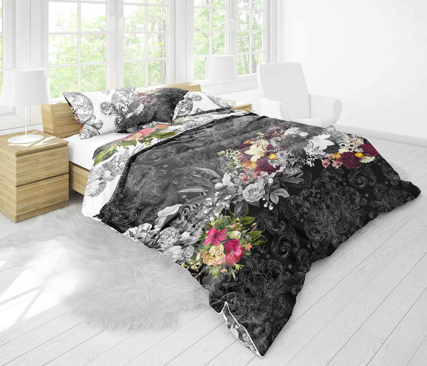 Diseño único • Juego de ropa de cama con diseño reversible gótico de calavera romántica • Personalizado • Juego de funda nórdica • Doble Full Queen King