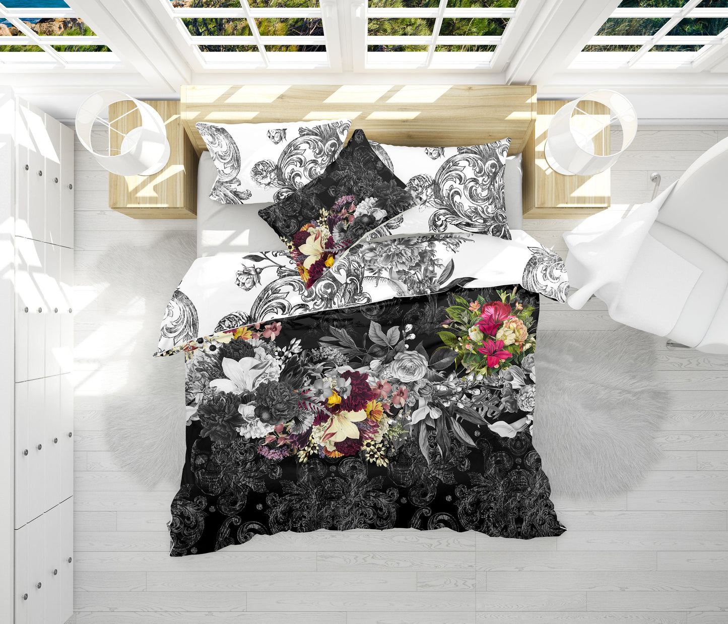 Diseño único • Juego de ropa de cama con diseño reversible gótico de calavera romántica • Personalizado • Juego de funda nórdica • Doble Full Queen King