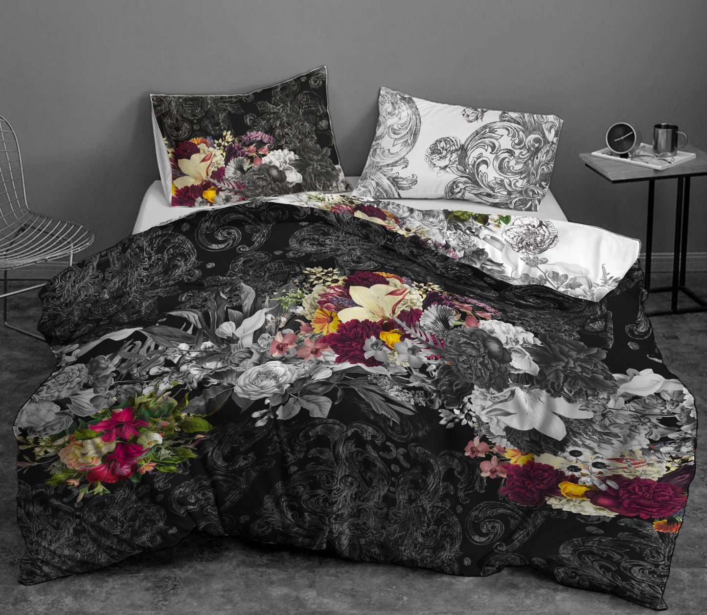 Diseño único • Juego de ropa de cama con diseño reversible gótico de calavera romántica • Personalizado • Juego de funda nórdica • Doble Full Queen King