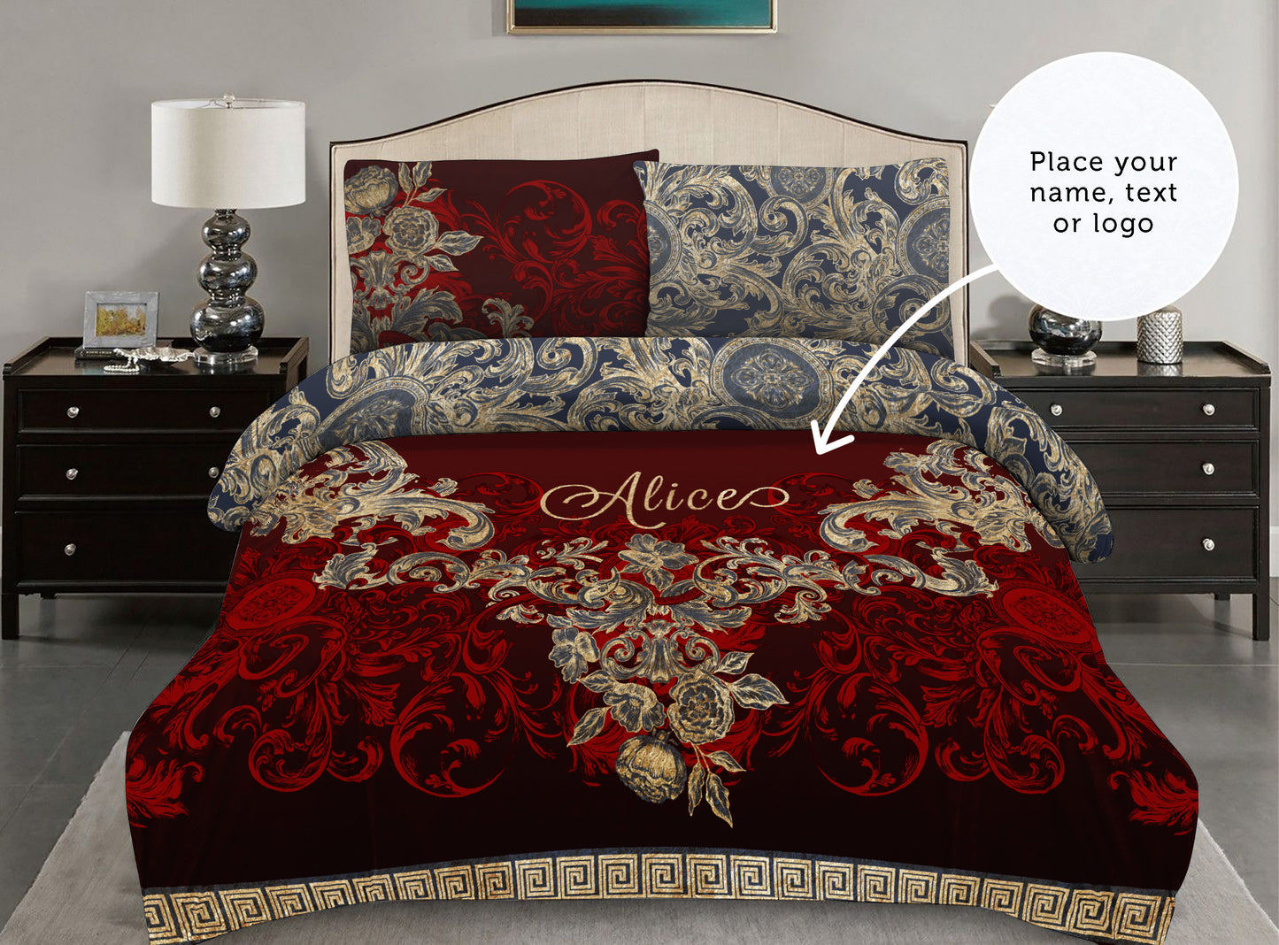 Wedding gift • Personalised Romantic Barocco vintage design Bedding set • 2 sided printed design • Cotton • AU, EU, USA sizes, queen, king
