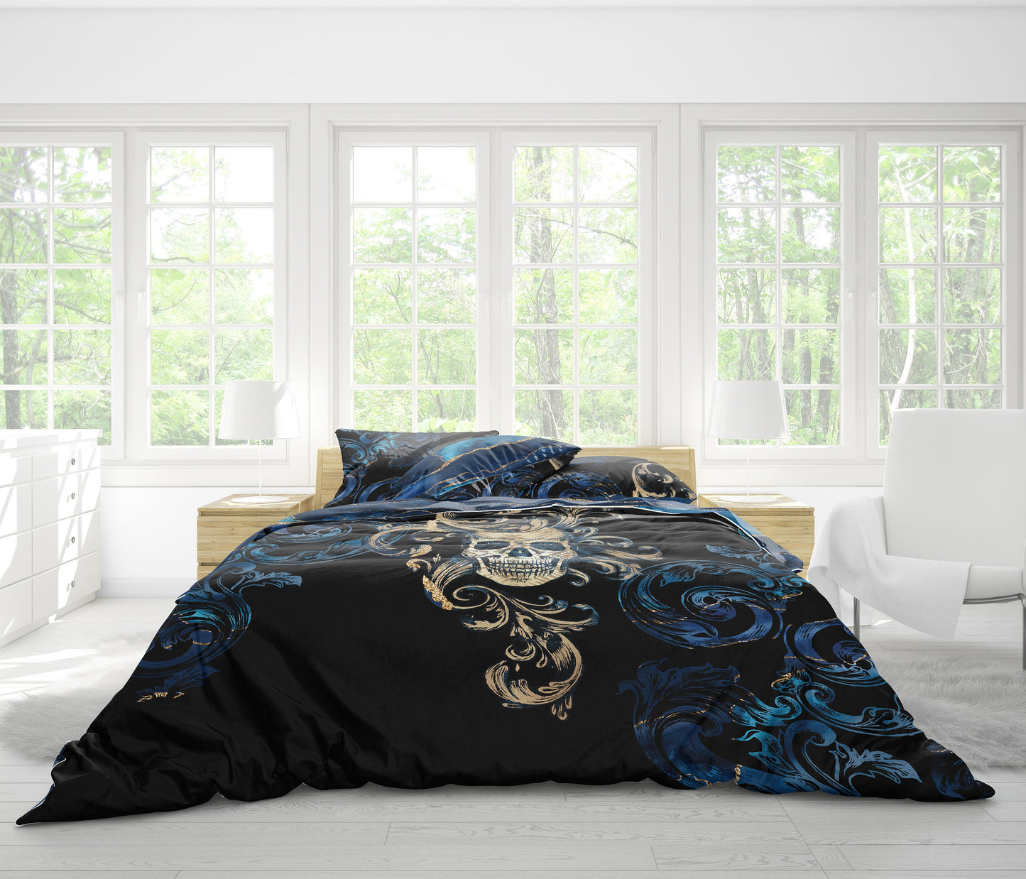 Juego de ropa de cama con diseño gótico de calavera • Ropa de cama personalizada • Diseño reversible • Juego de funda nórdica con fundas de almohada • Doble Full Queen King