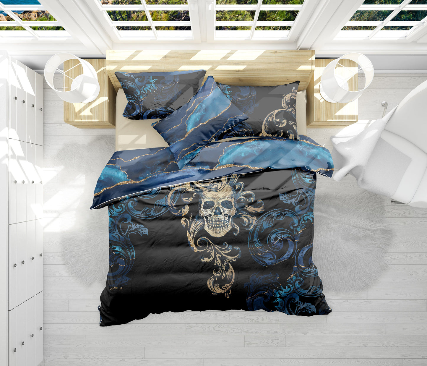 Juego de ropa de cama con diseño gótico de calavera • Ropa de cama personalizada • Diseño reversible • Juego de funda nórdica con fundas de almohada • Doble Full Queen King