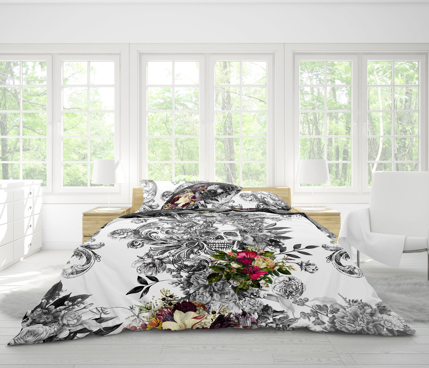 Diseño único • Juego de ropa de cama con diseño reversible gótico de calavera romántica • Personalizado • Juego de funda nórdica • Doble Full Queen King