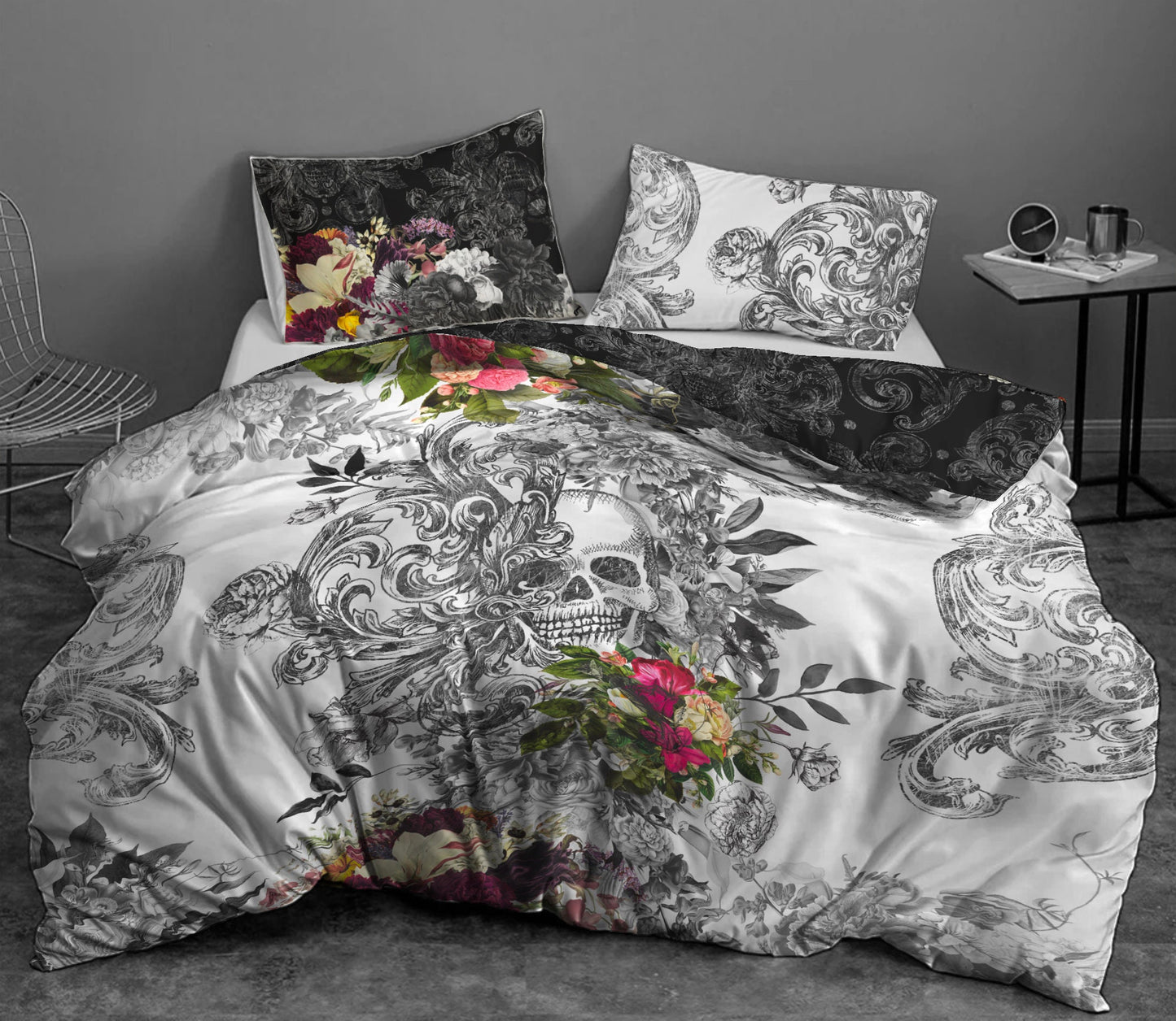 Diseño único • Juego de ropa de cama con diseño reversible gótico de calavera romántica • Personalizado • Juego de funda nórdica • Doble Full Queen King