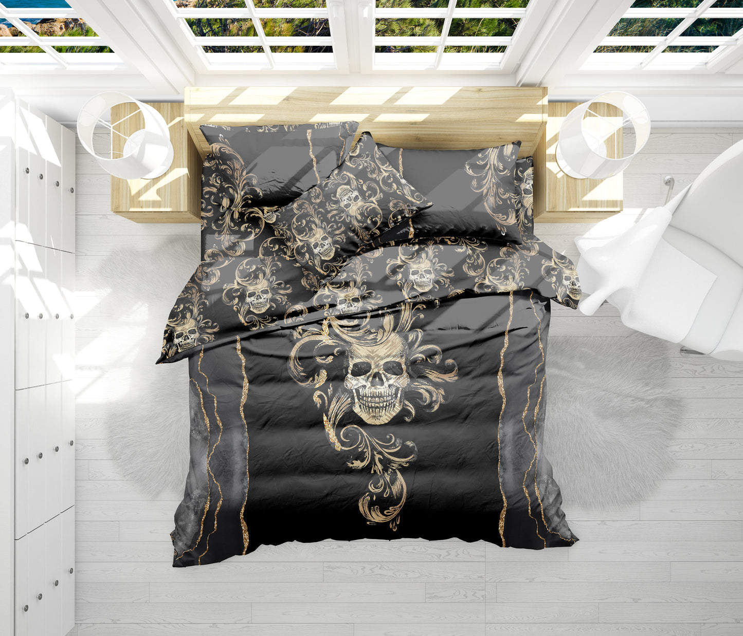 Juego de cama con diseño gótico de calavera de 3/4 psc • Diseño impreso a 2 caras • Ropa de cama personalizada • Juego de funda nórdica con fundas de almohada • Full Queen King