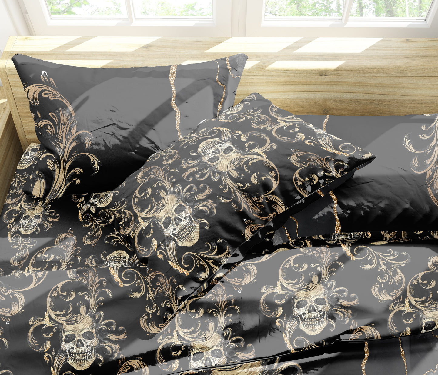 Juego de cama con diseño gótico de calavera de 3/4 psc • Diseño impreso a 2 caras • Ropa de cama personalizada • Juego de funda nórdica con fundas de almohada • Full Queen King
