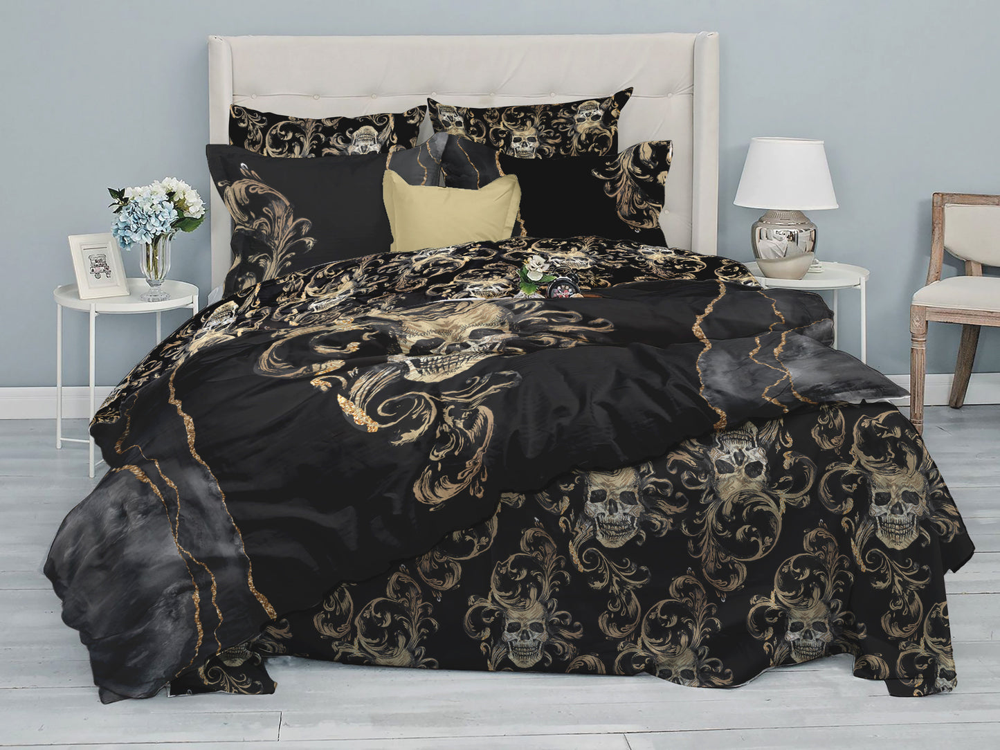 Juego de cama con diseño gótico de calavera de 3/4 psc • Diseño impreso a 2 caras • Ropa de cama personalizada • Juego de funda nórdica con fundas de almohada • Full Queen King