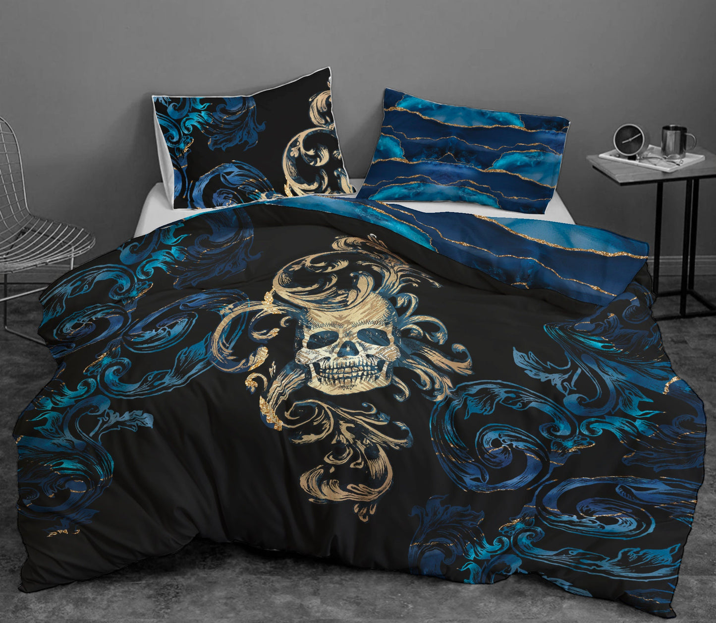 Juego de ropa de cama con diseño gótico de calavera • Ropa de cama personalizada • Diseño reversible • Juego de funda nórdica con fundas de almohada • Doble Full Queen King