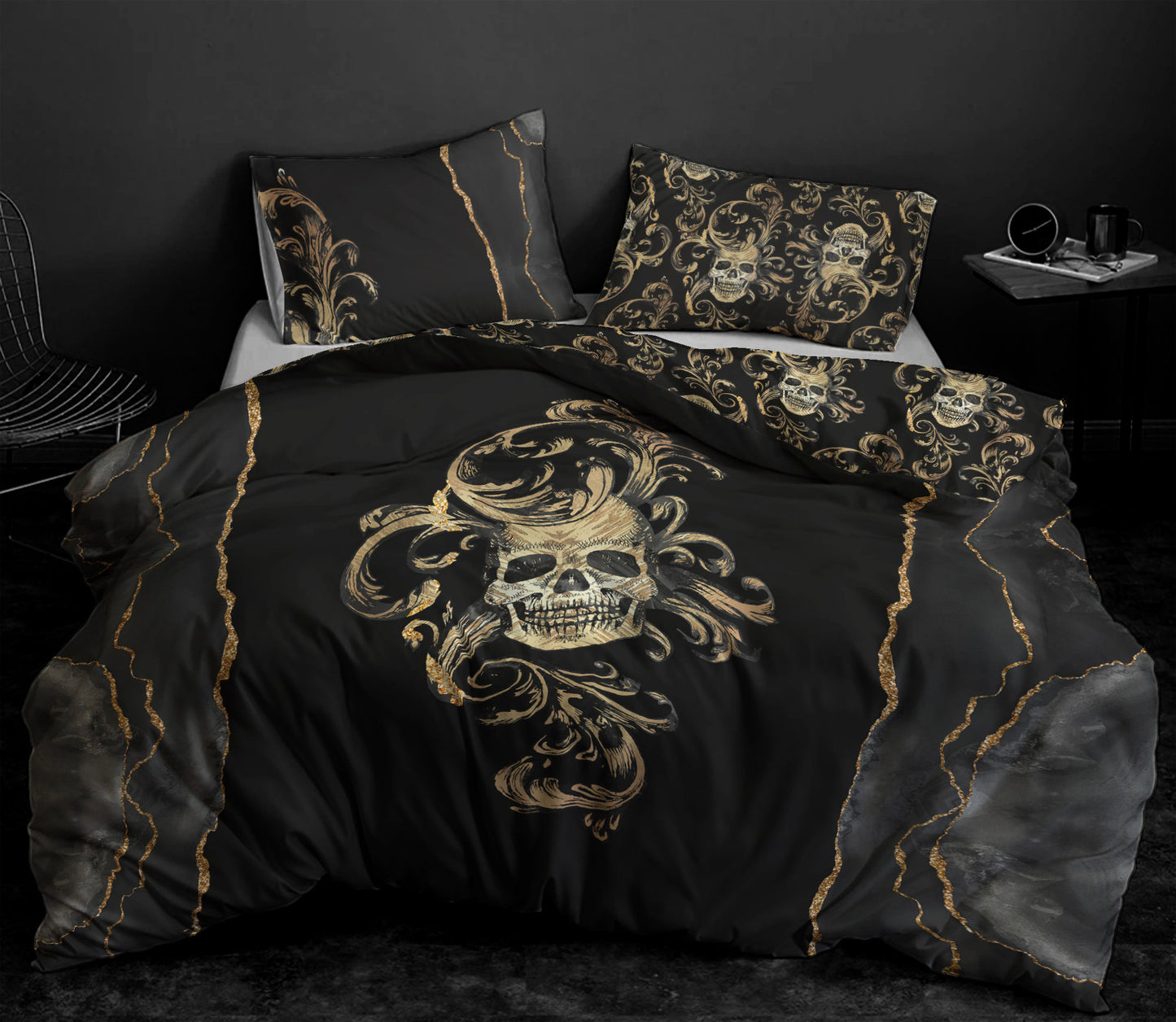 Juego de cama con diseño gótico de calavera de 3/4 psc • Diseño impreso a 2 caras • Ropa de cama personalizada • Juego de funda nórdica con fundas de almohada • Full Queen King