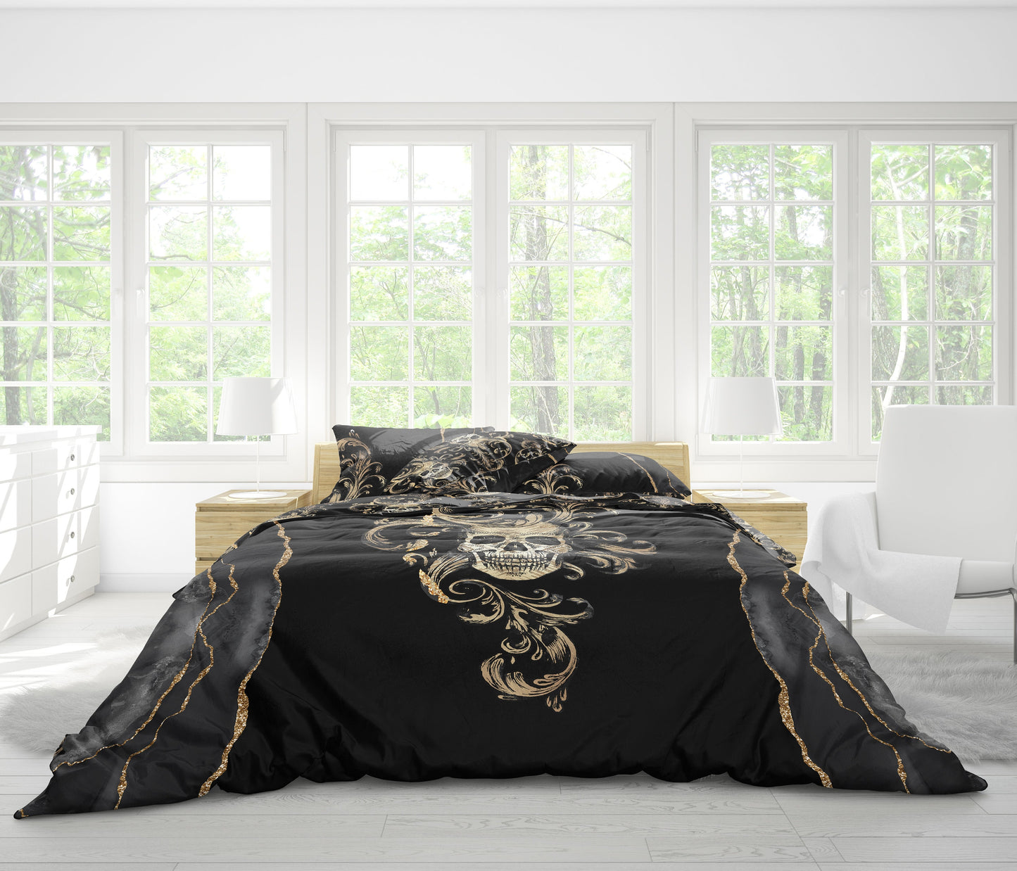Juego de cama con diseño gótico de calavera de 3/4 psc • Diseño impreso a 2 caras • Ropa de cama personalizada • Juego de funda nórdica con fundas de almohada • Full Queen King