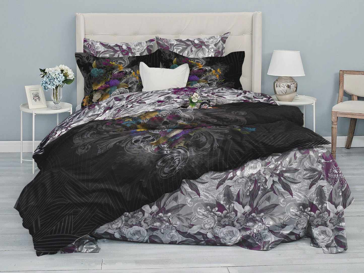 Juego de cama con diseño gótico de calavera de 3/4 psc • Diseño impreso a 2 caras • Ropa de cama personalizada • Juego de funda nórdica con fundas de almohada • Full Queen King