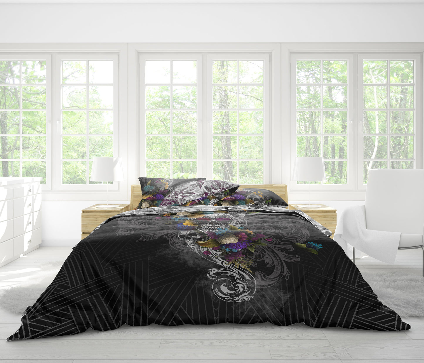 Juego de cama con diseño gótico de calavera de 3/4 psc • Diseño impreso a 2 caras • Ropa de cama personalizada • Juego de funda nórdica con fundas de almohada • Full Queen King