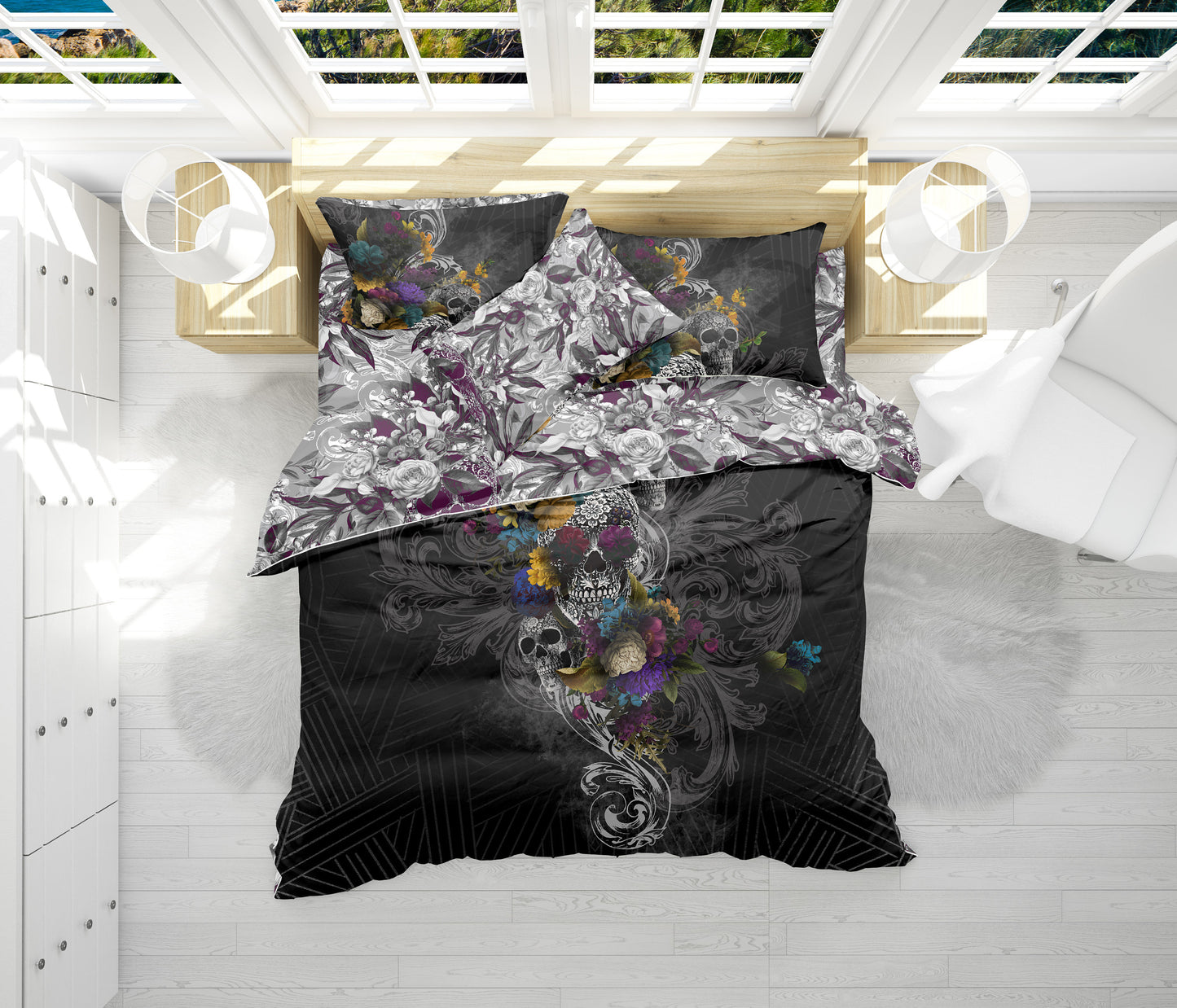 Juego de cama con diseño gótico de calavera de 3/4 psc • Diseño impreso a 2 caras • Ropa de cama personalizada • Juego de funda nórdica con fundas de almohada • Full Queen King