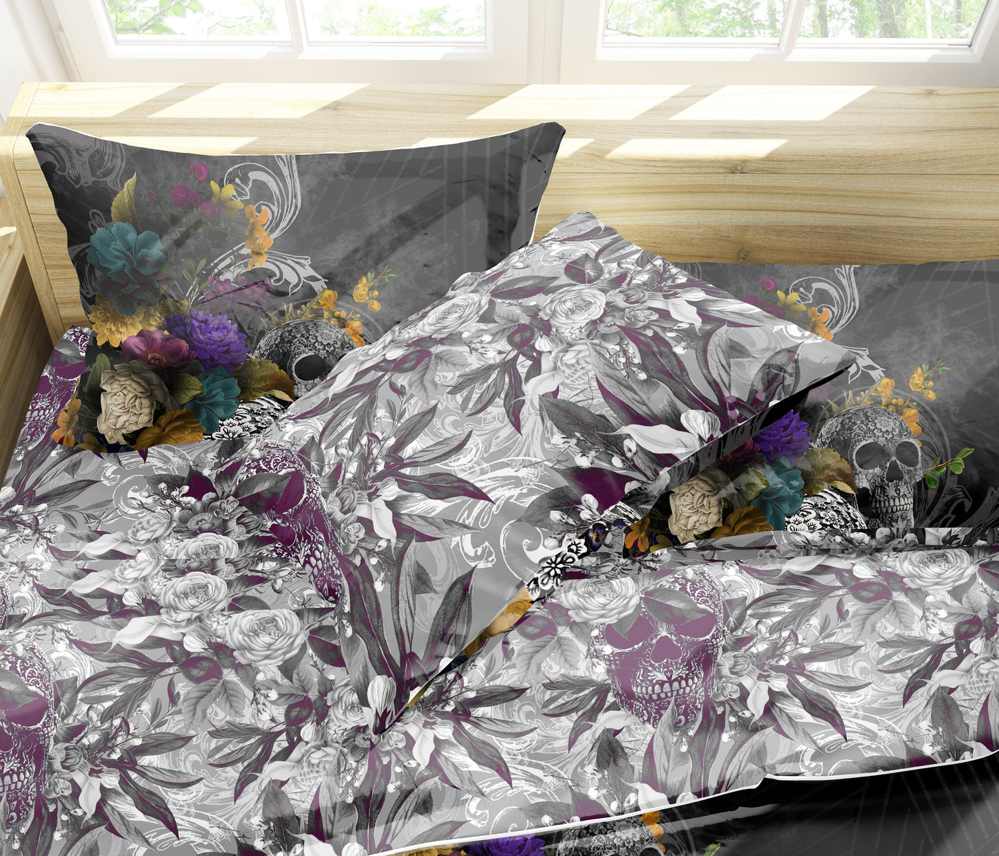 Juego de cama con diseño gótico de calavera de 3/4 psc • Diseño impreso a 2 caras • Ropa de cama personalizada • Juego de funda nórdica con fundas de almohada • Full Queen King
