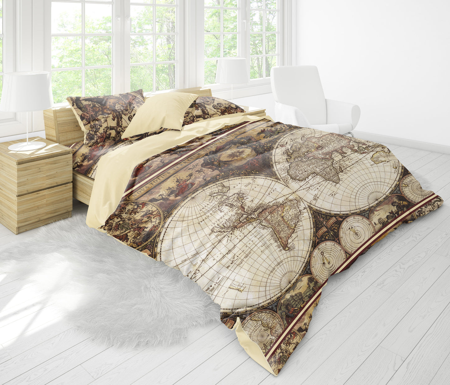 Diseño de mapa vintage antiguo personalizado Funda nórdica Juego de cama • Diseño reversible • Algodón • microfibra • Tallas UE, EE. UU., queen, king