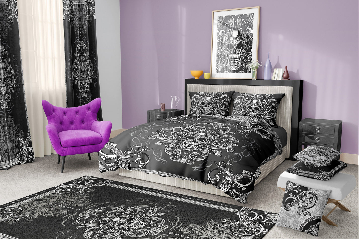 The Skull Gothic original barroco style reversible design Bedding set • AU, EU, USA Queen, King size • 100% Cotton • Microfiber