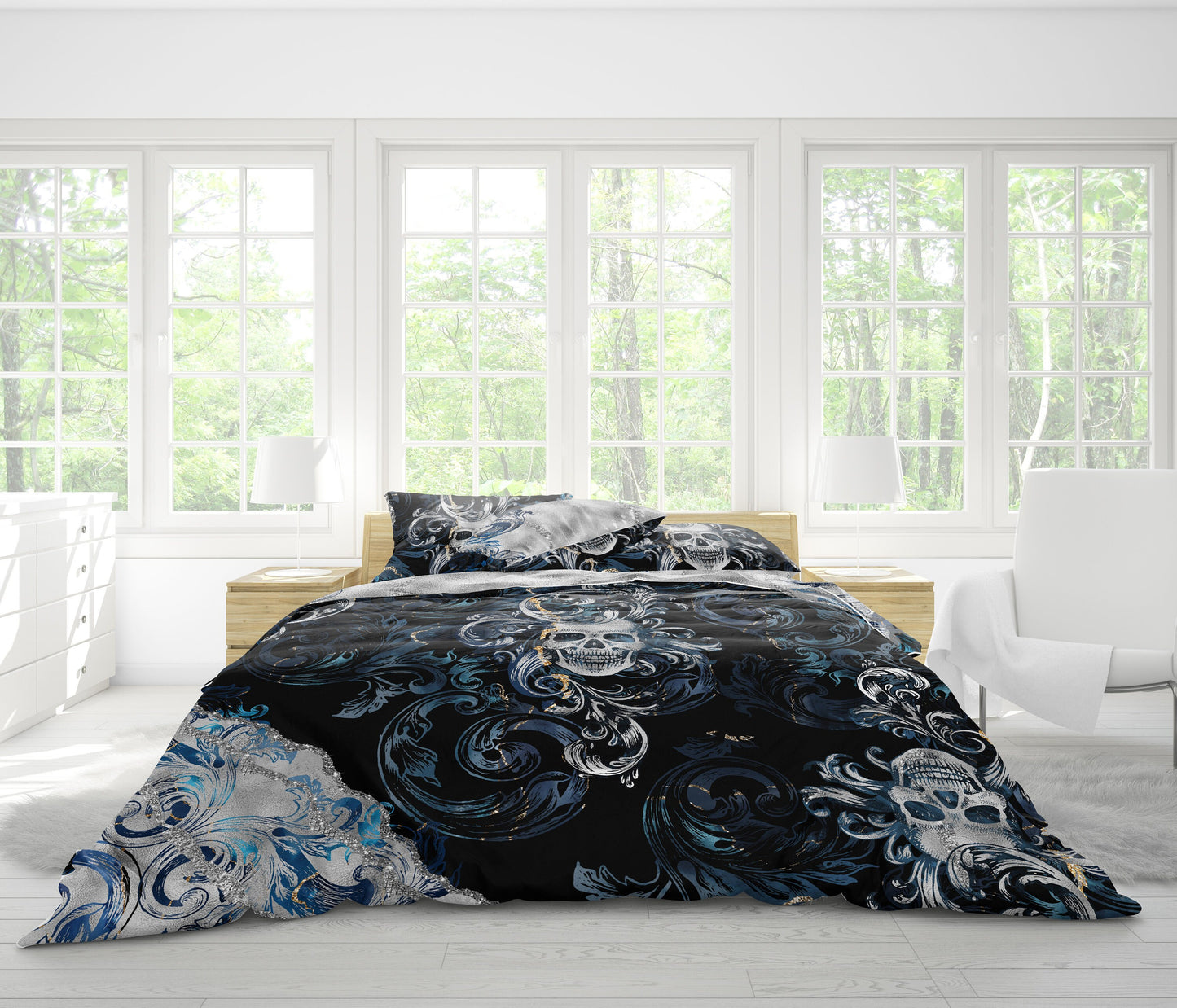 Juego de cama con diseño gótico de calavera en azul plateado • Diseño reversible • Ropa de cama personalizada • Juego de funda nórdica con fundas de almohada • Full Queen King
