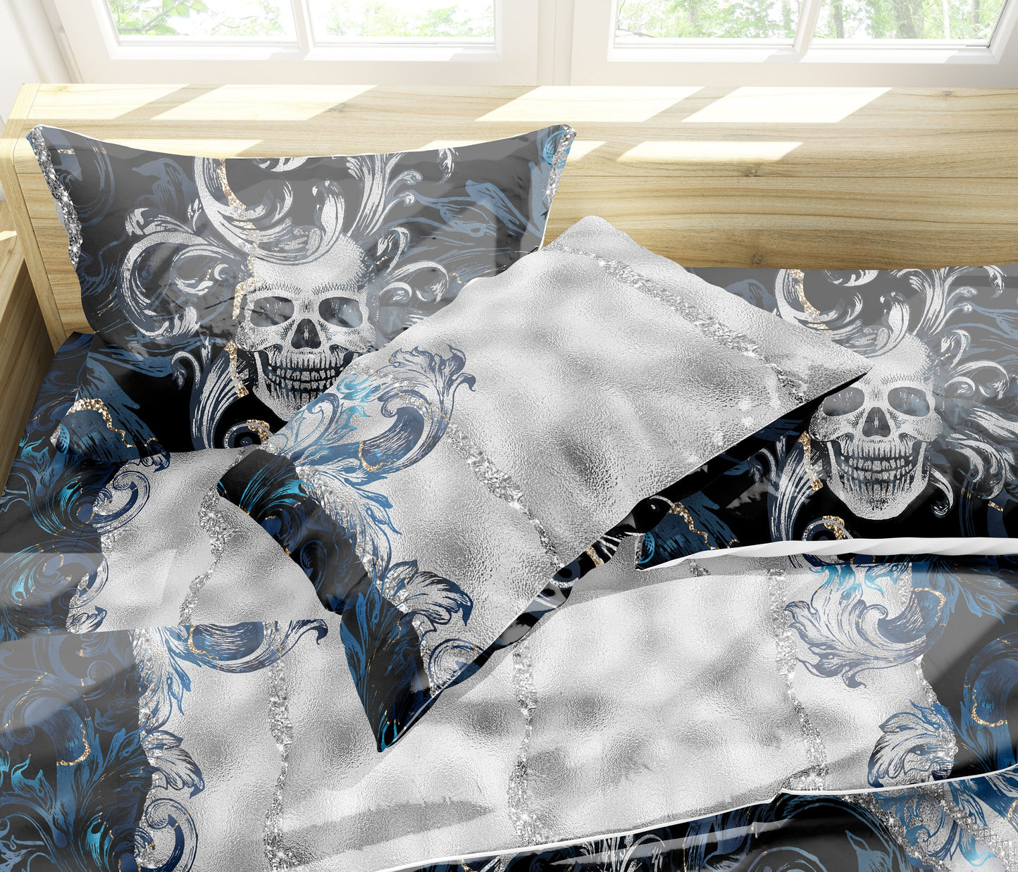 Juego de cama con diseño gótico de calavera en azul plateado • Diseño reversible • Ropa de cama personalizada • Juego de funda nórdica con fundas de almohada • Full Queen King