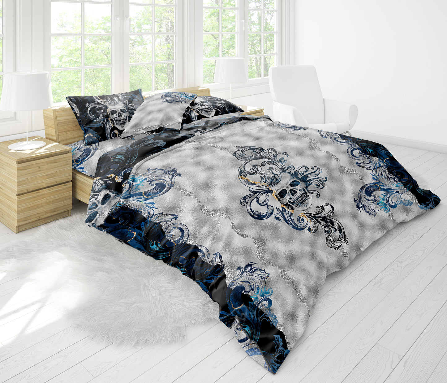 Juego de cama con diseño gótico de calavera en azul plateado • Diseño reversible • Ropa de cama personalizada • Juego de funda nórdica con fundas de almohada • Full Queen King