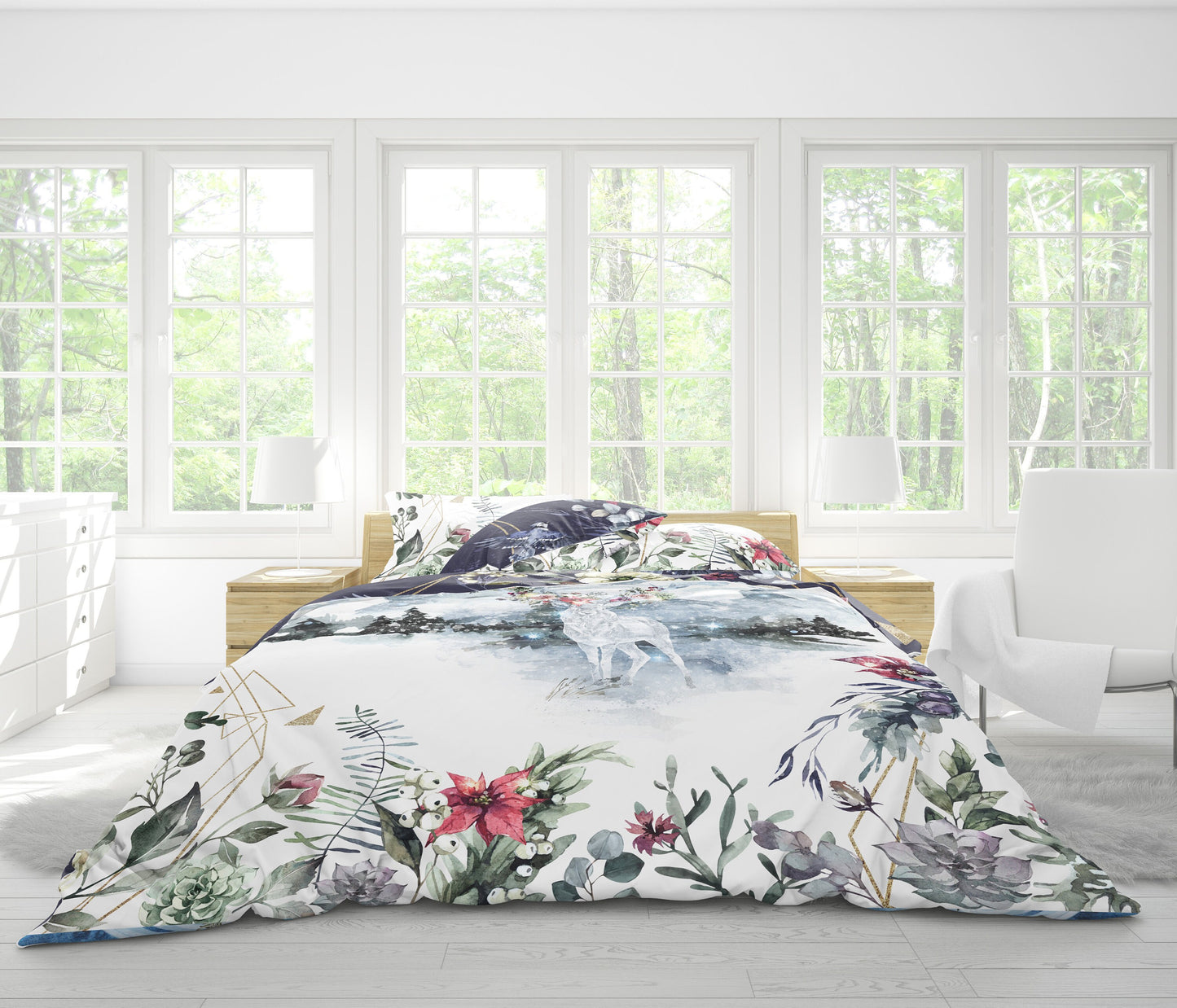 Diseño floral mágico del nuevo Día con ciervo navideño Regalo reversible personalizado Juego de ropa de cama • Algodón • AU, UE, EE. UU., reina, rey
