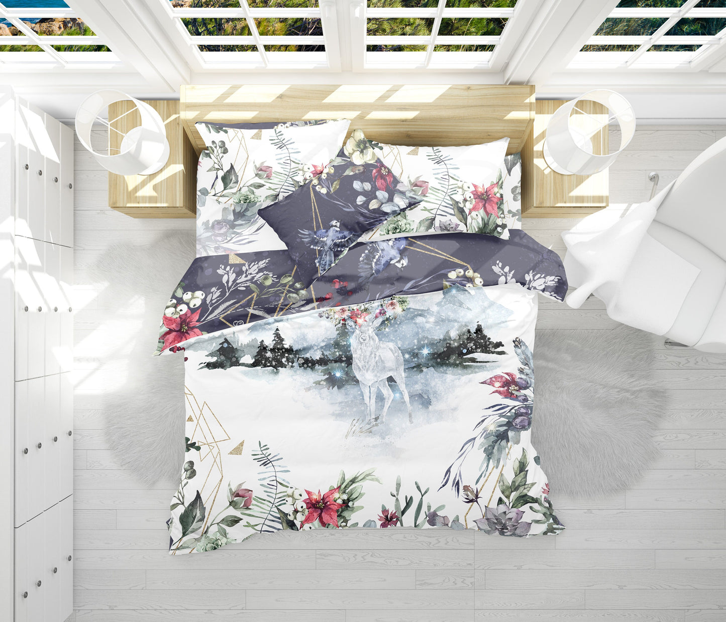 Diseño floral mágico del nuevo Día con ciervo navideño Regalo reversible personalizado Juego de ropa de cama • Algodón • AU, UE, EE. UU., reina, rey