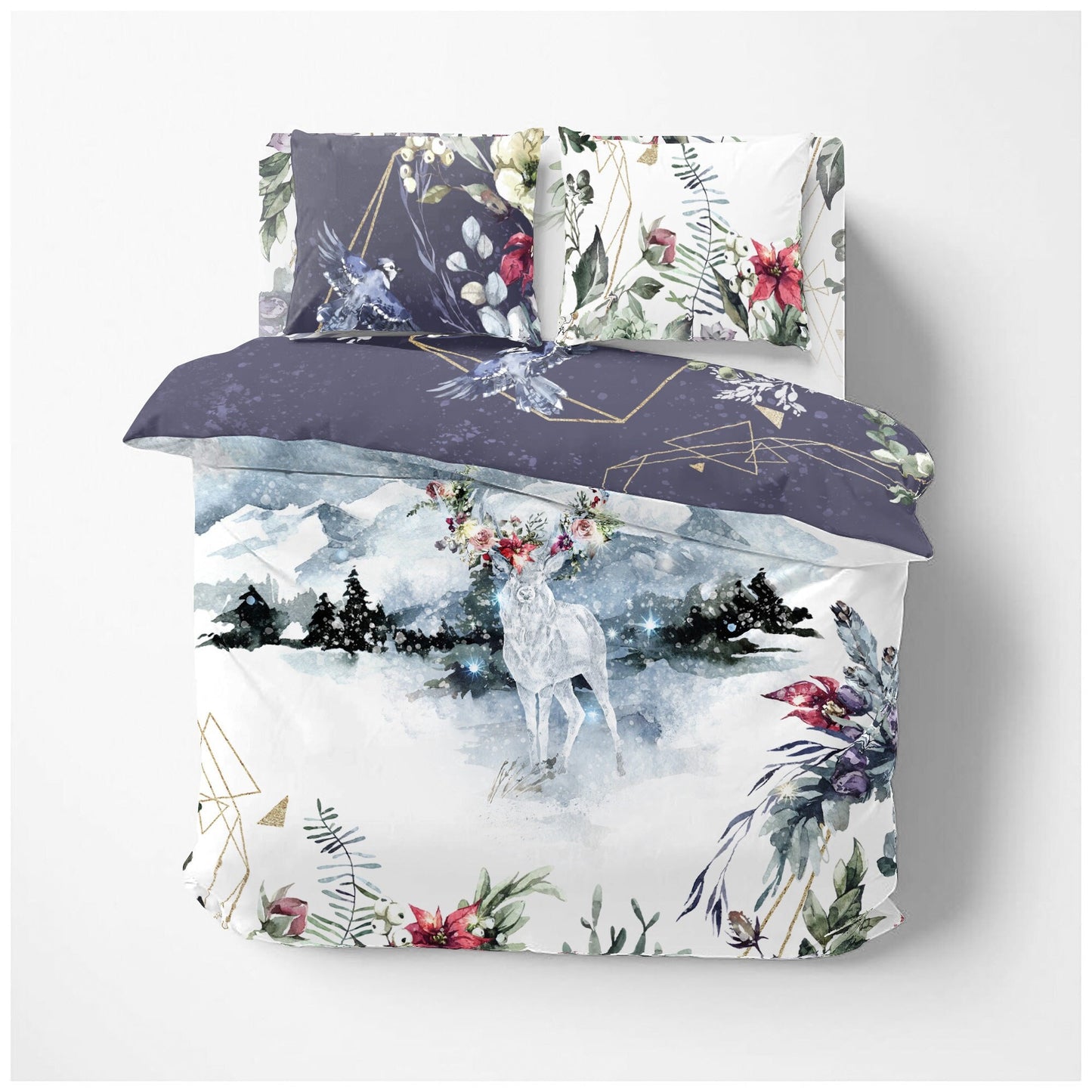 Diseño floral mágico del nuevo Día con ciervo navideño Regalo reversible personalizado Juego de ropa de cama • Algodón • AU, UE, EE. UU., reina, rey