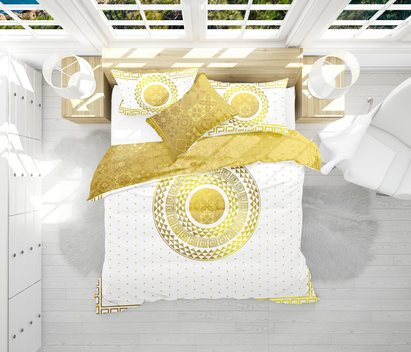 Barroco Blanco Amarillo Diseño minimalista personalizado Juego de cama • Diseño reversible • Algodón • microfibra • AU, UE, EE. UU., reina, rey