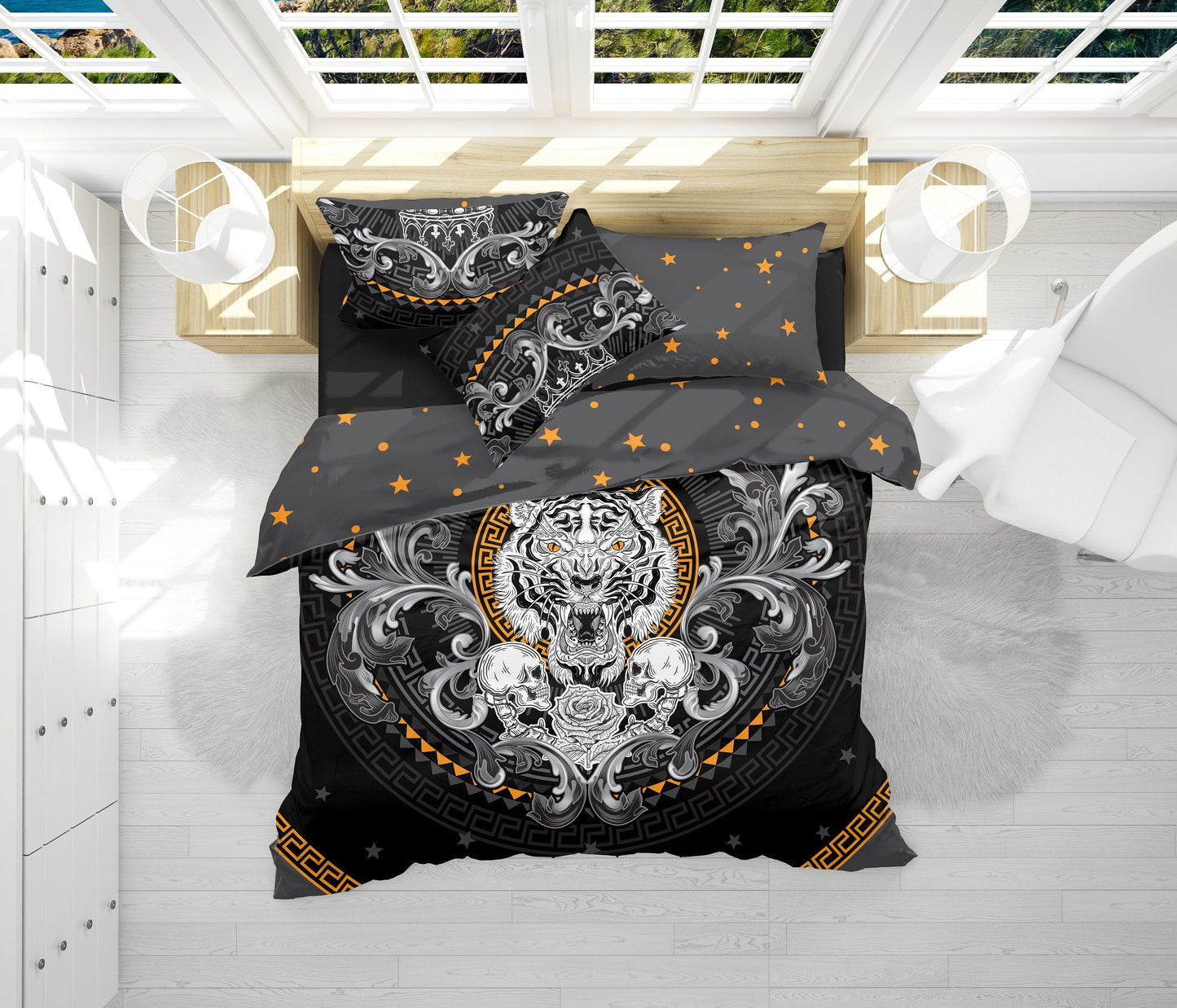 Juego de ropa de cama de 3/4 psc con diseño gótico de calavera "Tigre blanco" • Diseño impreso a 2 caras • Ropa de cama personalizada • Juego de funda nórdica con fundas de almohada