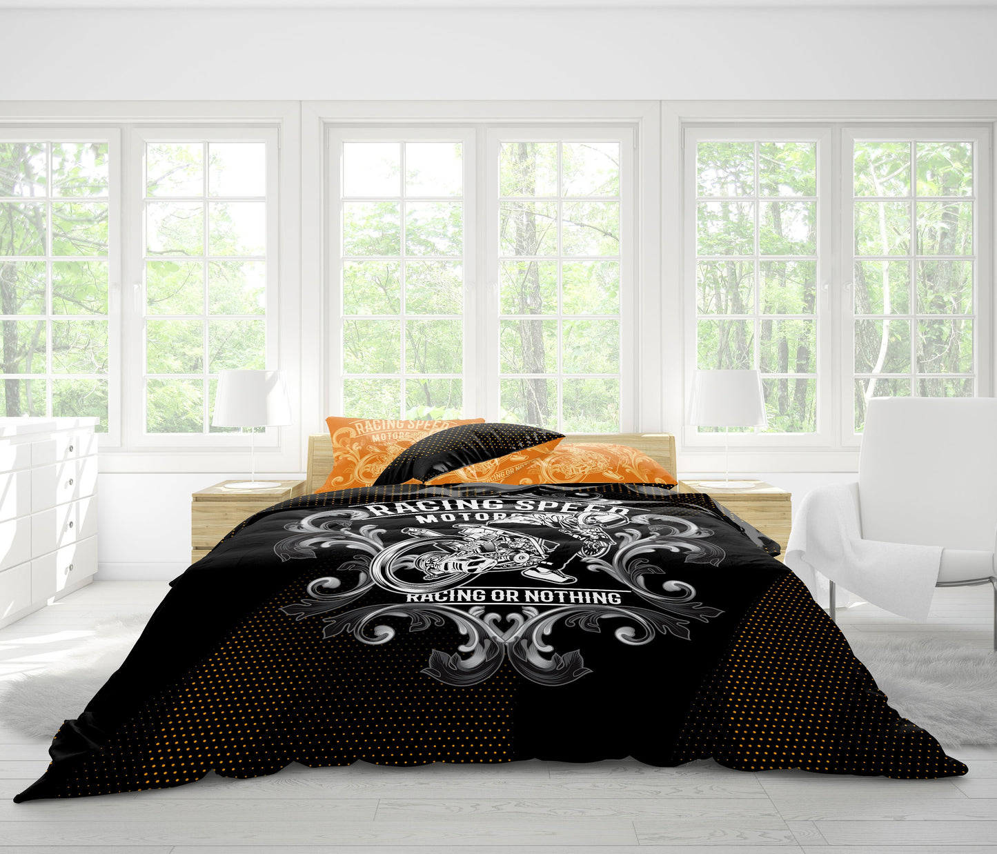 Dark skull bike 3/4 Piece comforter Bedding "Racing or Nothing" reversible design • cotton o microfiber • AU, EU, USA Queen, King size
