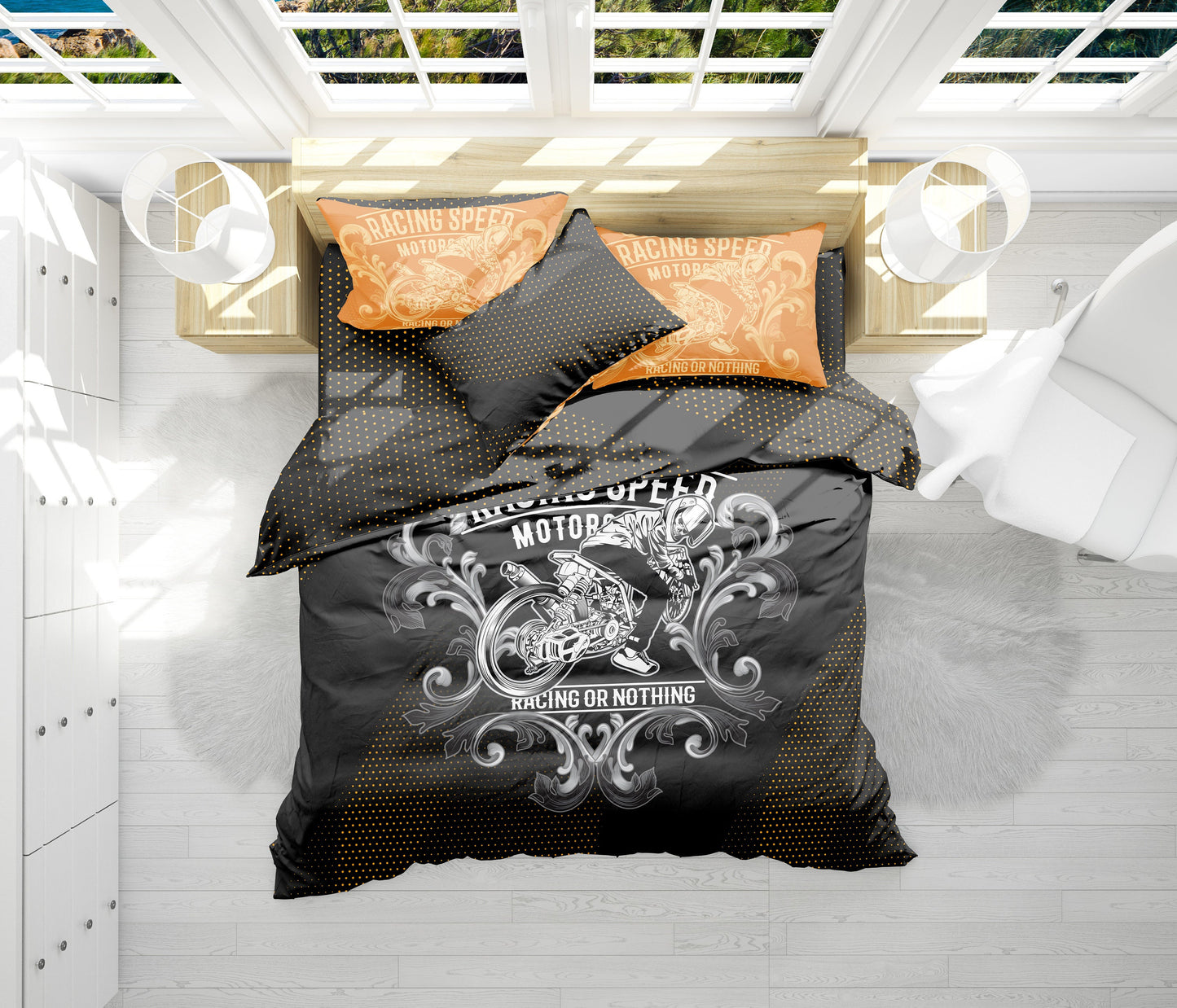 Dark skull bike 3/4 Piece comforter Bedding "Racing or Nothing" reversible design • cotton o microfiber • AU, EU, USA Queen, King size