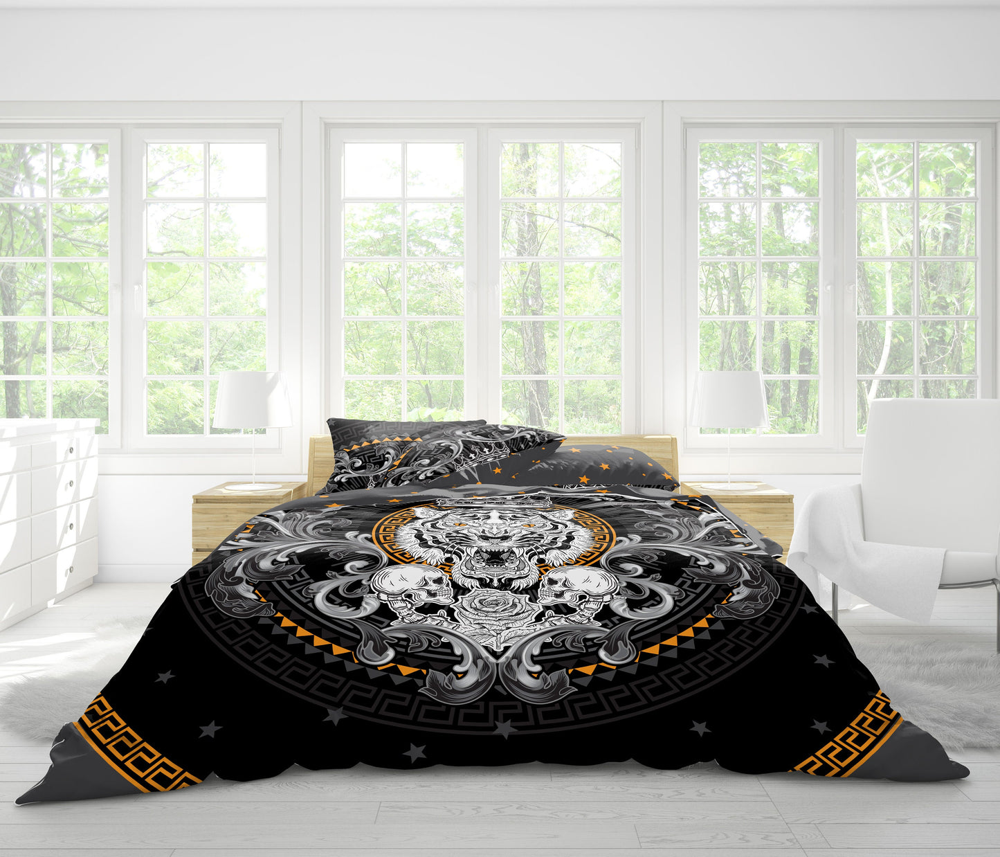 Juego de ropa de cama de 3/4 psc con diseño gótico de calavera "Tigre blanco" • Diseño impreso a 2 caras • Ropa de cama personalizada • Juego de funda nórdica con fundas de almohada