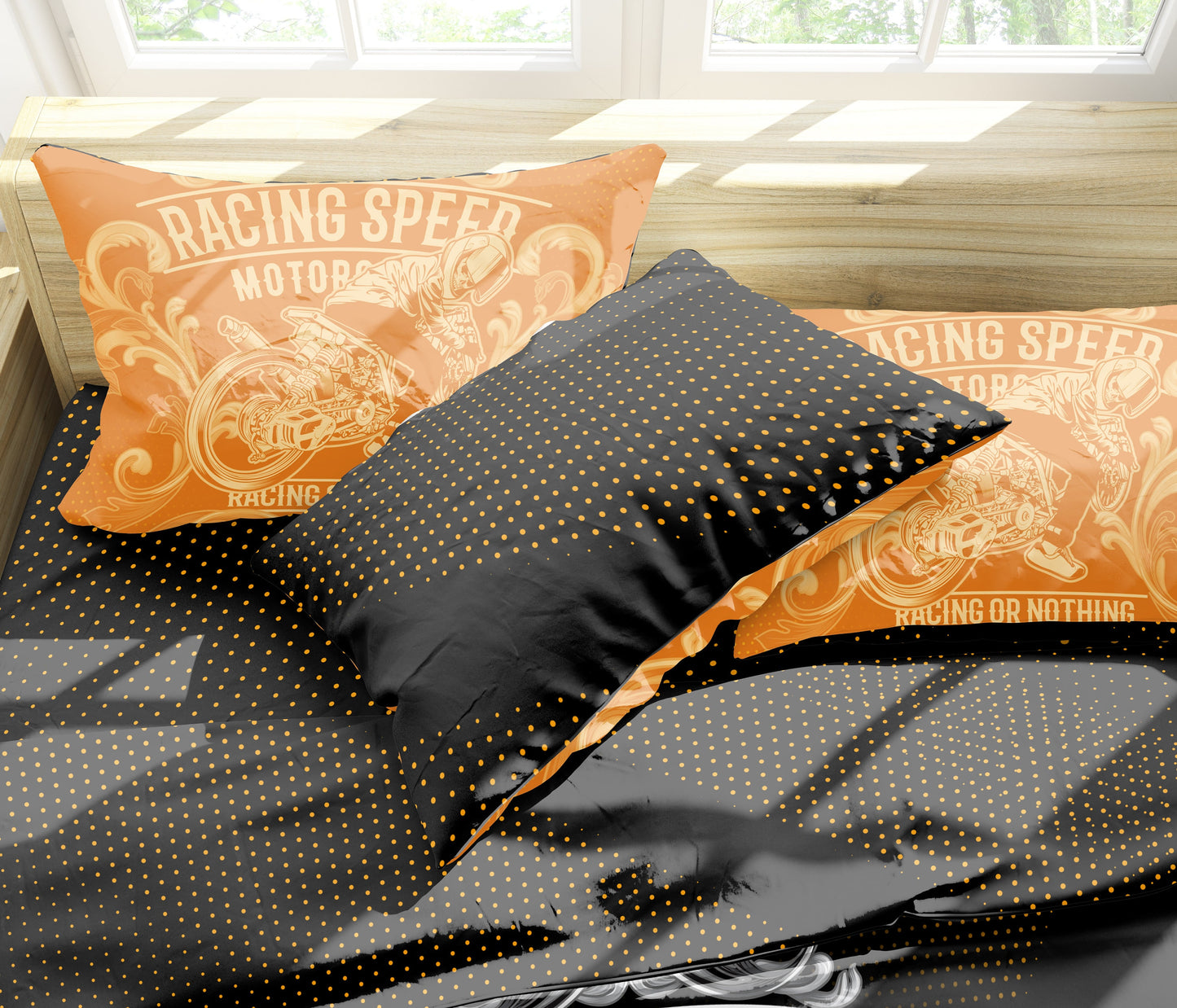 Dark skull bike 3/4 Piece comforter Bedding "Racing or Nothing" reversible design • cotton o microfiber • AU, EU, USA Queen, King size