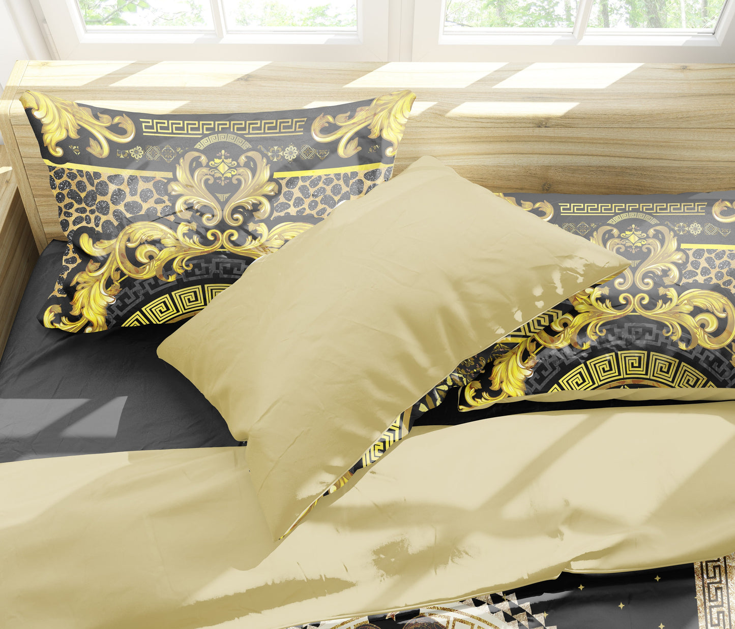 Juego de cama con estampado de animales barroco excéntrico personalizado en negro y dorado • Diseño reversible • Algodón • poliéster • seda • tamaño queen, king