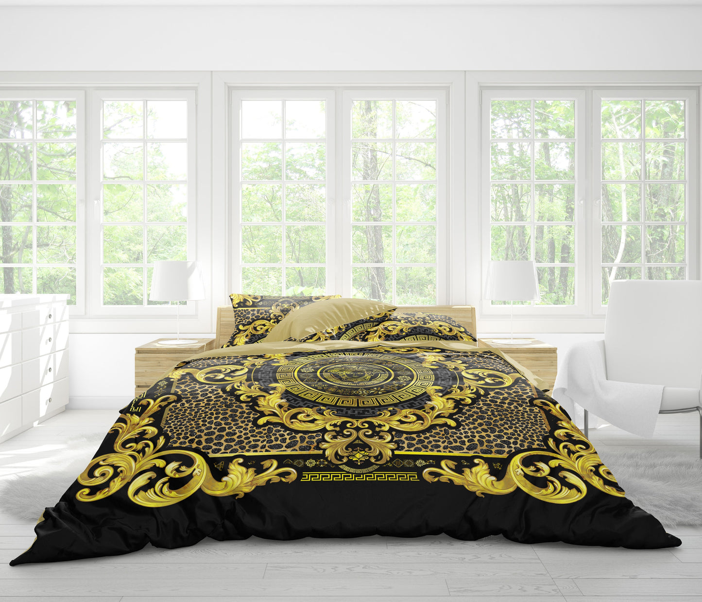 Juego de cama con estampado de animales barroco excéntrico personalizado en negro y dorado • Diseño reversible • Algodón • poliéster • seda • tamaño queen, king