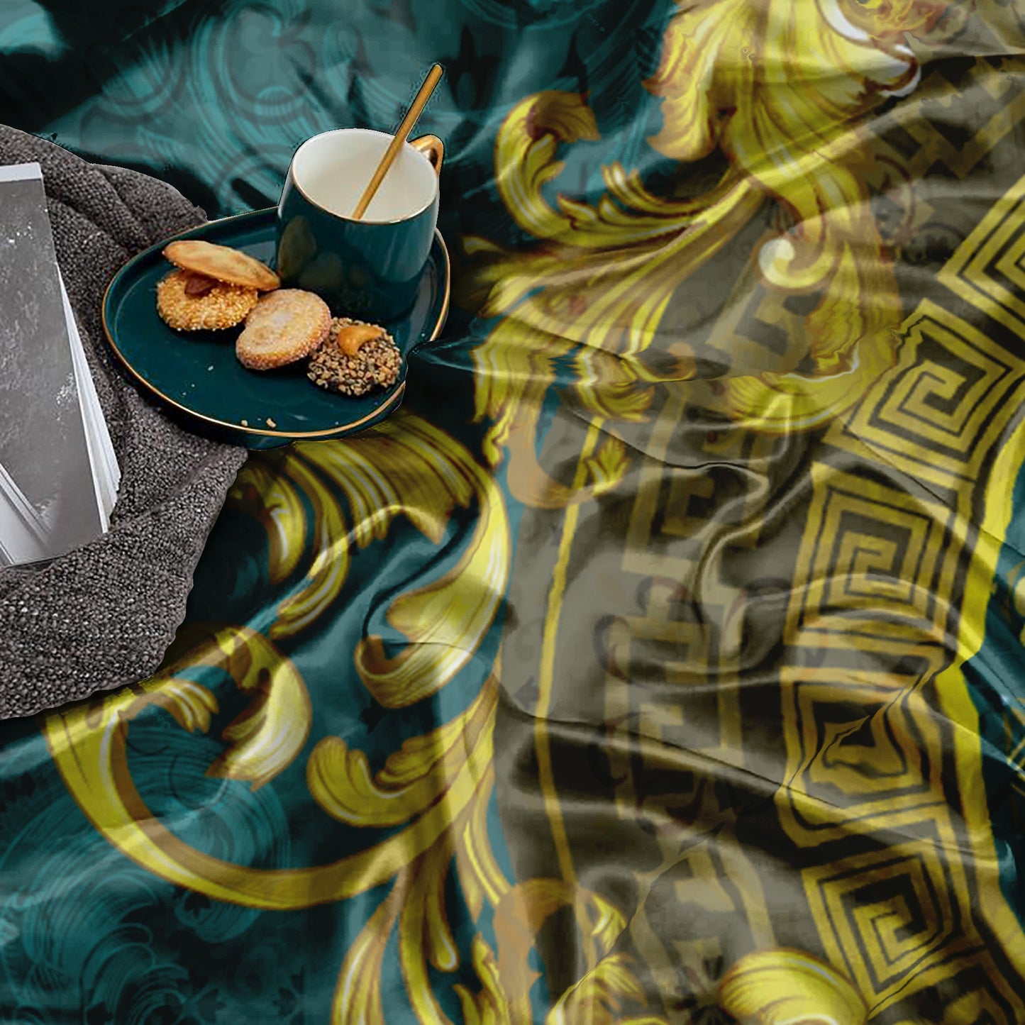 Baroque Eccentric Personalised Green-Gold Bedding set • Reversible design • Cotton • polyester • silk • queen, king