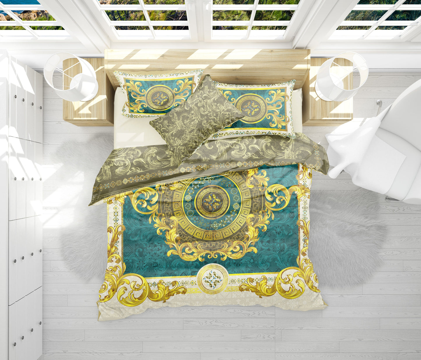 Baroque Eccentric Personalised Green-Gold Bedding set • Reversible design • Cotton • polyester • silk • queen, king