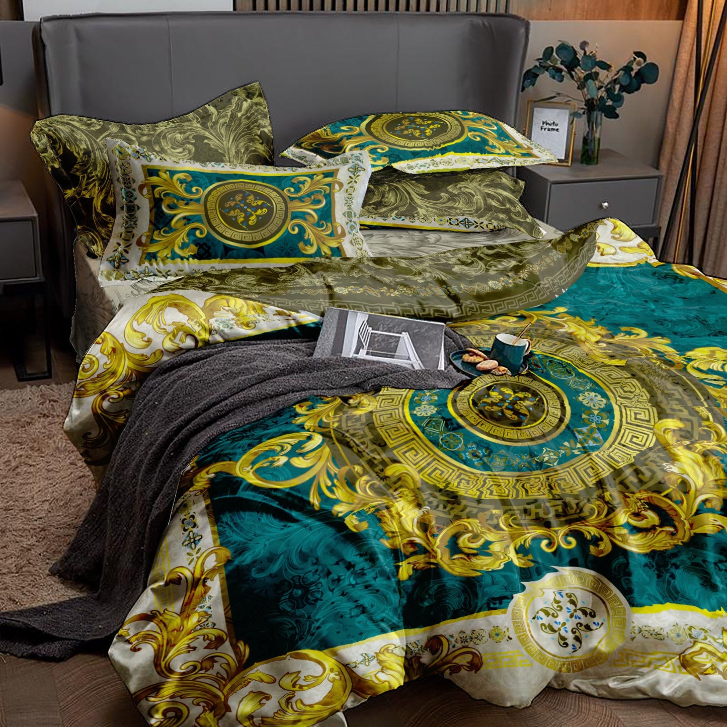 Baroque Eccentric Personalised Green-Gold Bedding set • Reversible design • Cotton • polyester • silk • queen, king