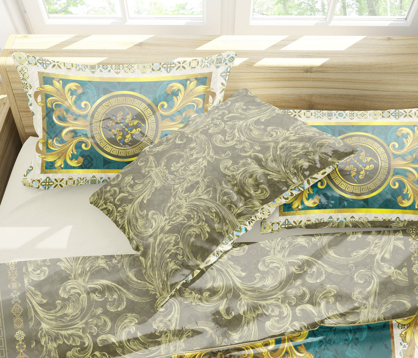 Baroque Eccentric Personalised Green-Gold Bedding set • Reversible design • Cotton • polyester • silk • queen, king