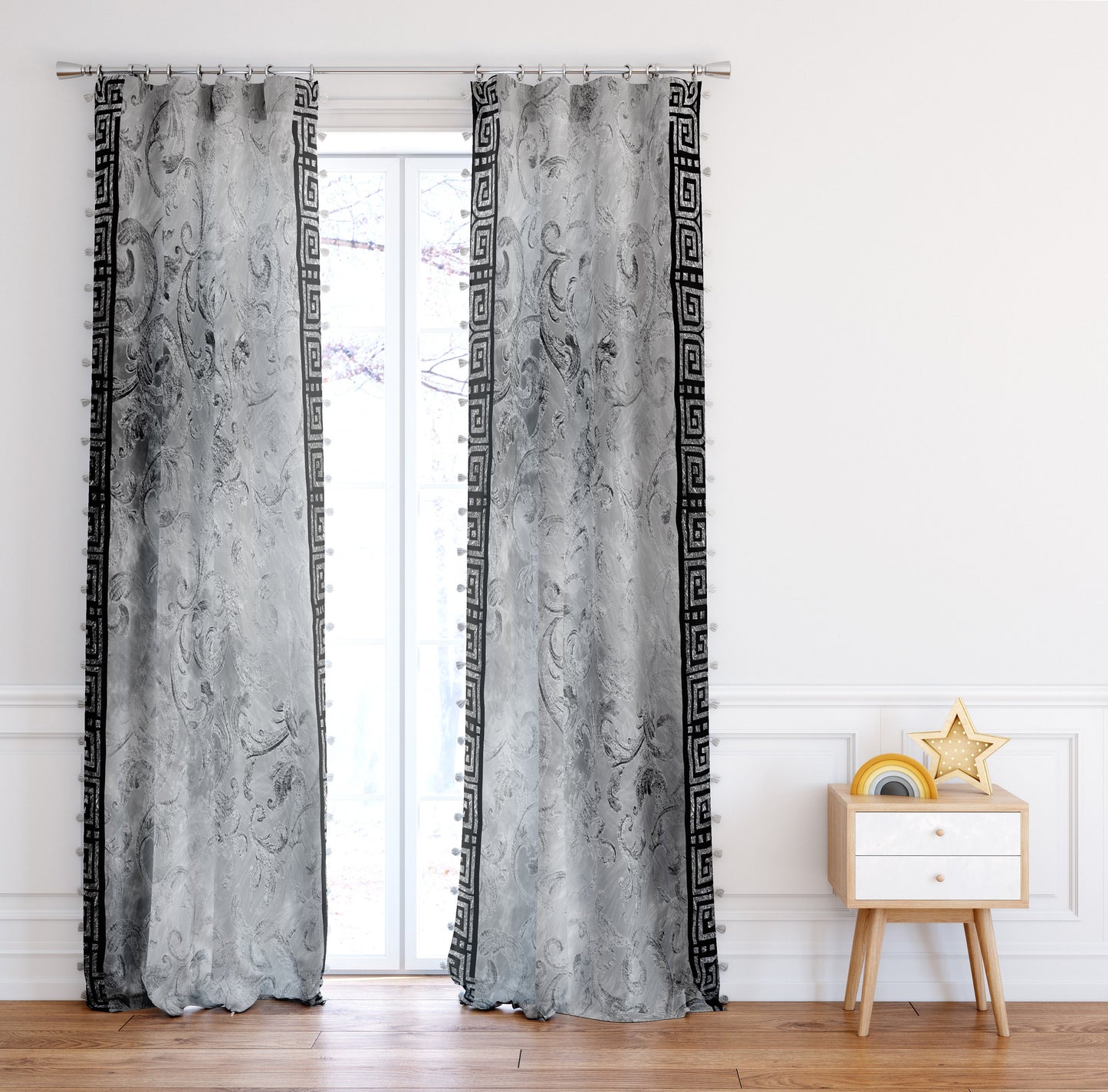 Curtains 2 PCS SET gey-silver baroque or greek style romantic design • room curtains • home decor