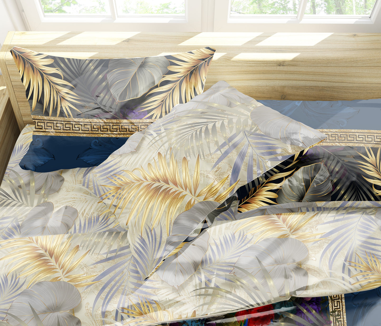 Barroco Verano Excéntrico Personalizado Azul-Dorado exclusivo Juego de cama • Diseño reversible • Algodón • microfibra • seda