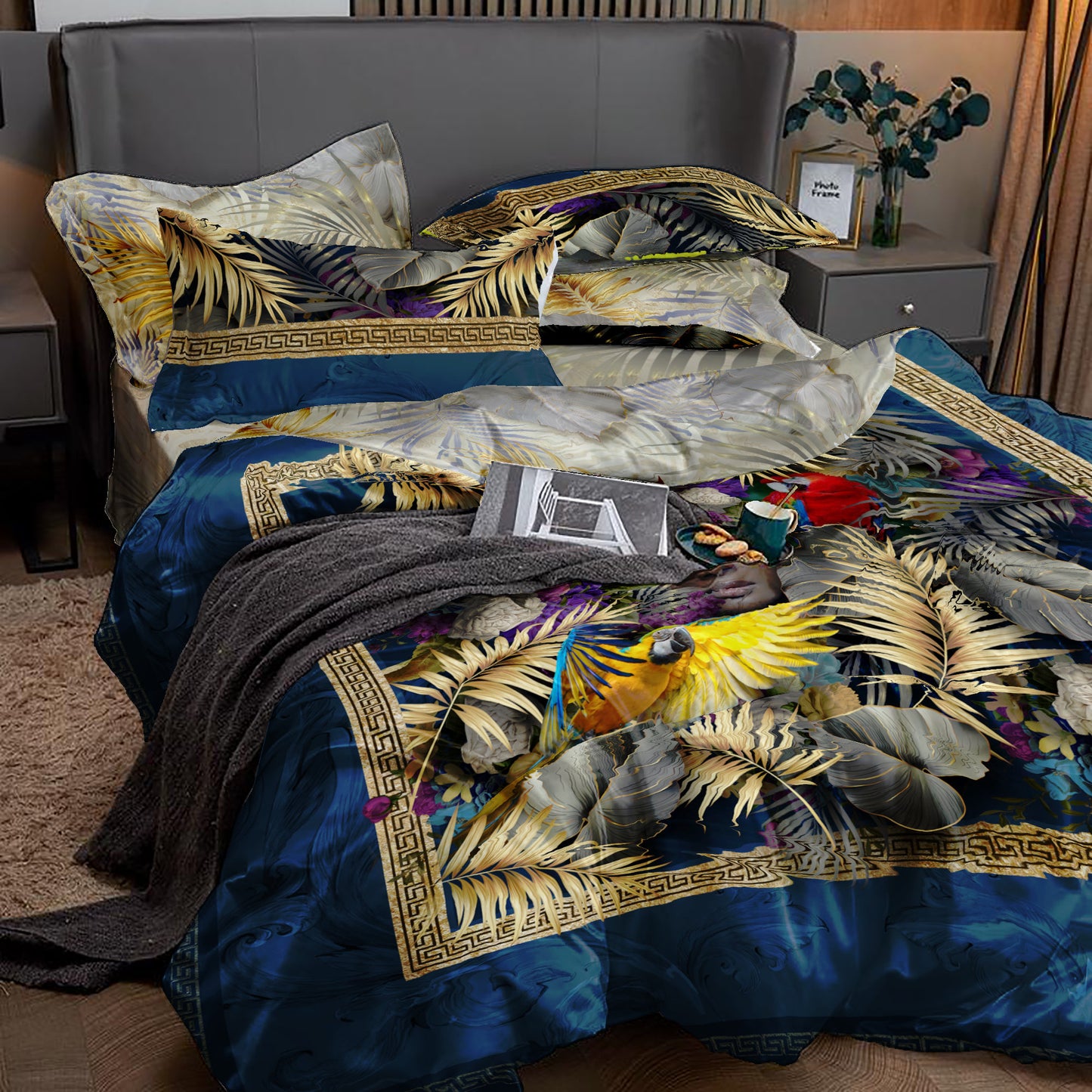 Baroque Summer Eccentric Personalised Blue-Gold exclusive Bedding set • Reversible design • Cotton • microfiber • silk
