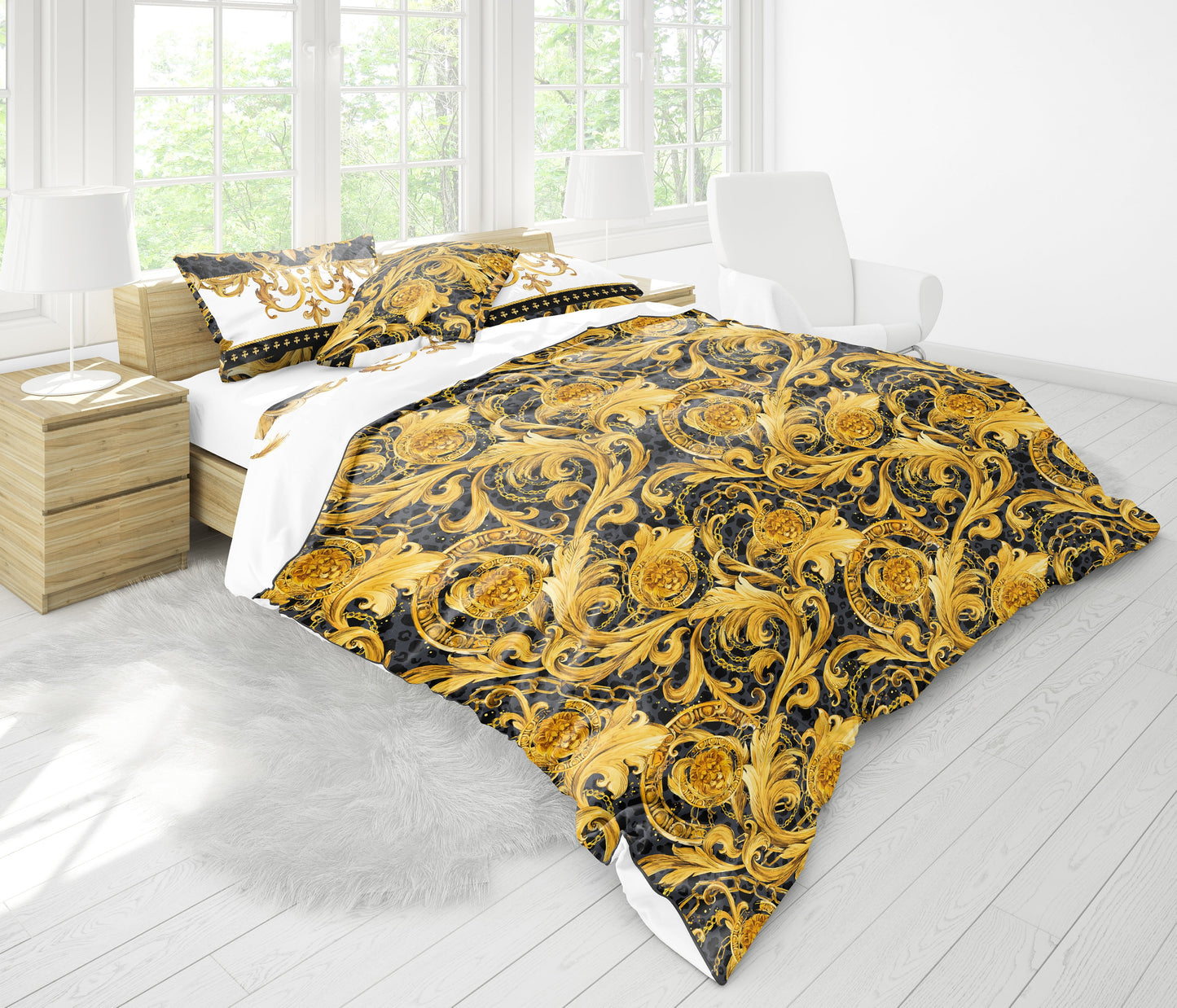 Damask Baroque Eccentric Personalised Yellow-Black exclusive Bedding set • Reversible design • Cotton • microfiber • silk