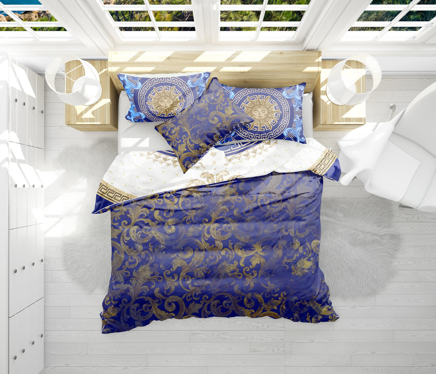 Juego de cama personalizado excéntrico barroco azul y dorado "Noira" • Diseño reversible • Algodón • Microfibra • AU, EU, USA, queen, king