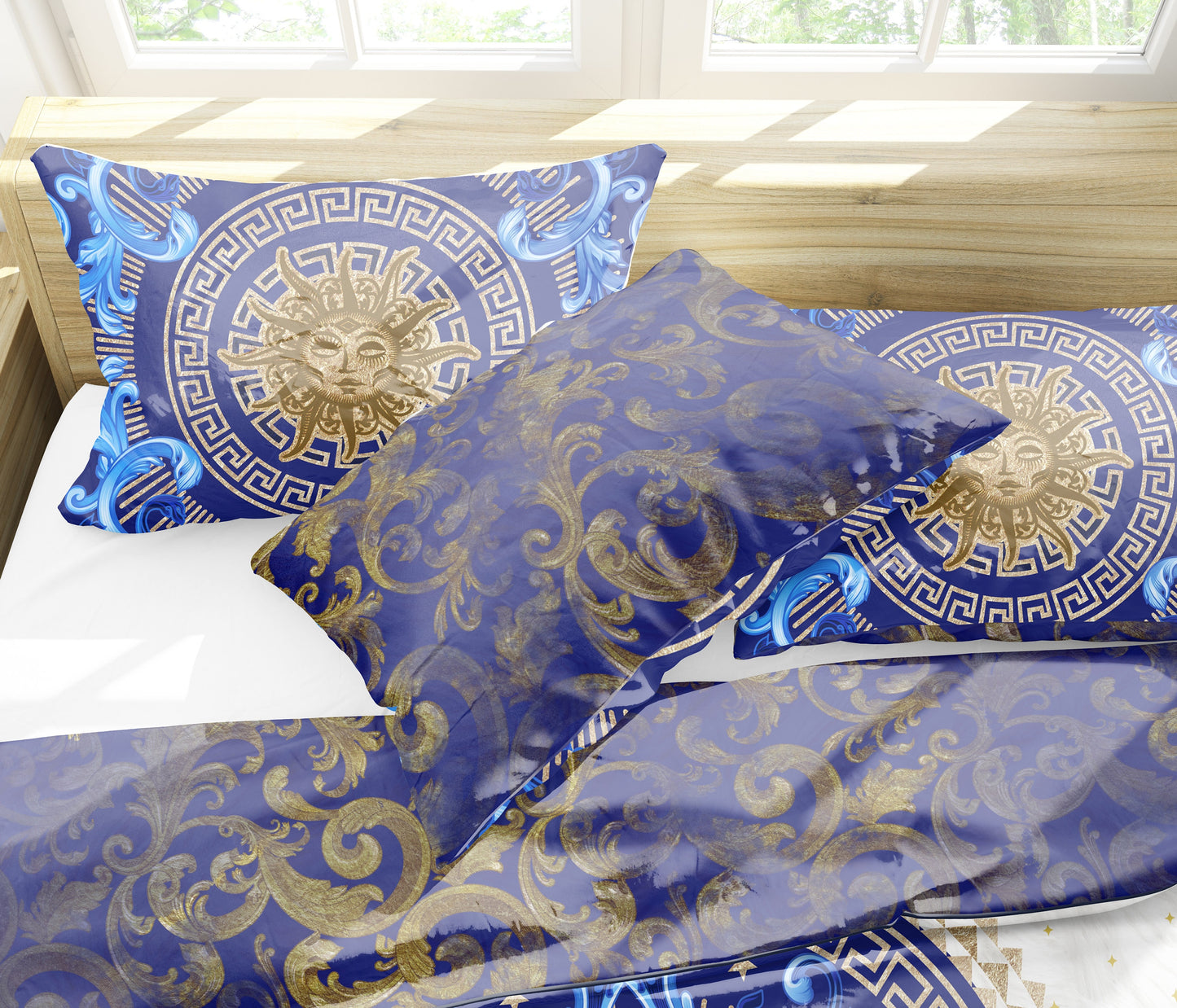 Juego de cama personalizado excéntrico barroco azul y dorado "Noira" • Diseño reversible • Algodón • Microfibra • AU, EU, USA, queen, king