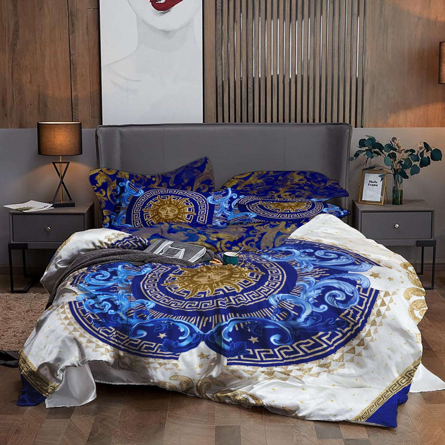 Juego de cama personalizado excéntrico barroco azul y dorado "Noira" • Diseño reversible • Algodón • Microfibra • AU, EU, USA, queen, king