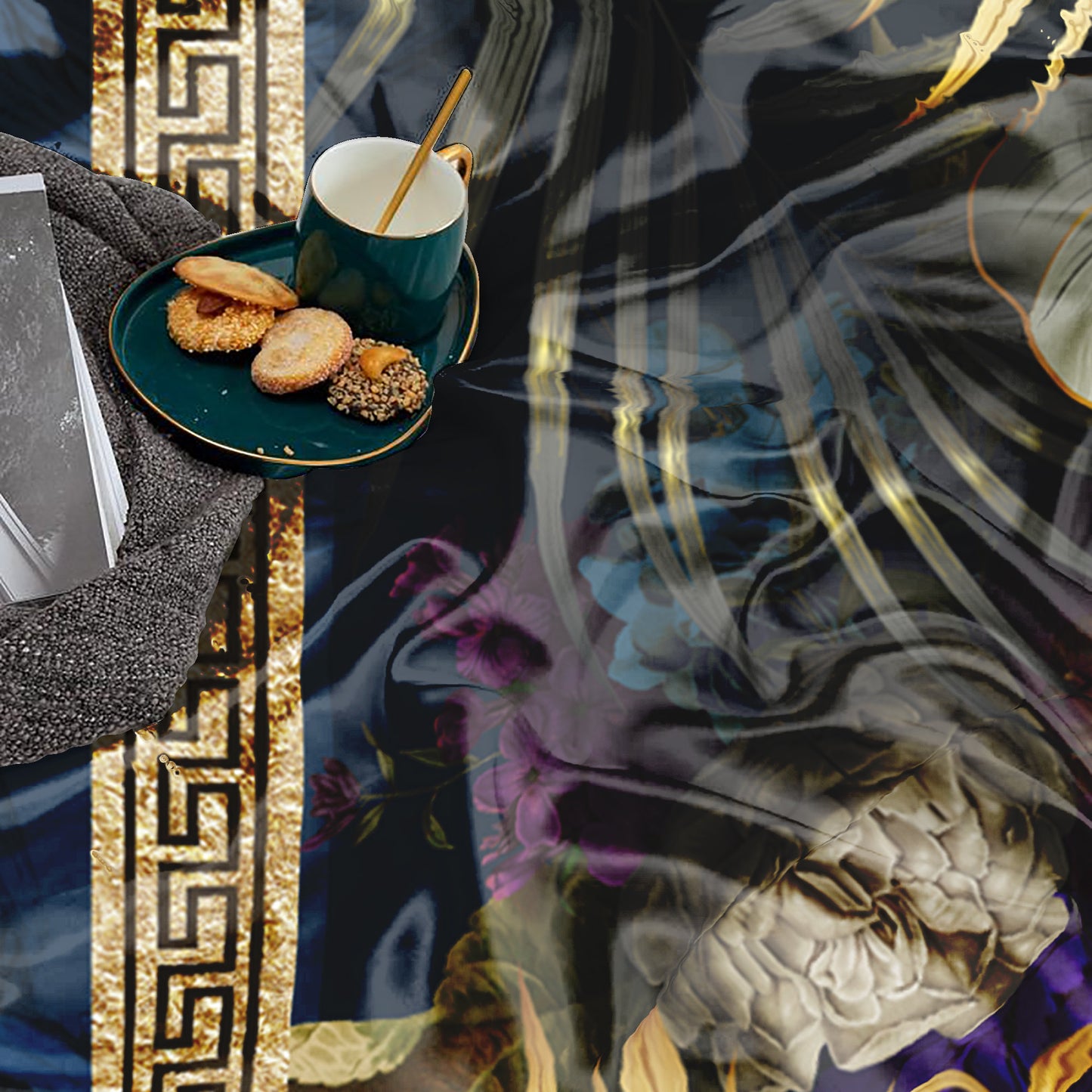 Baroque Summer Eccentric Personalised Blue-Gold exclusive Bedding set • Reversible design • Cotton • microfiber • silk