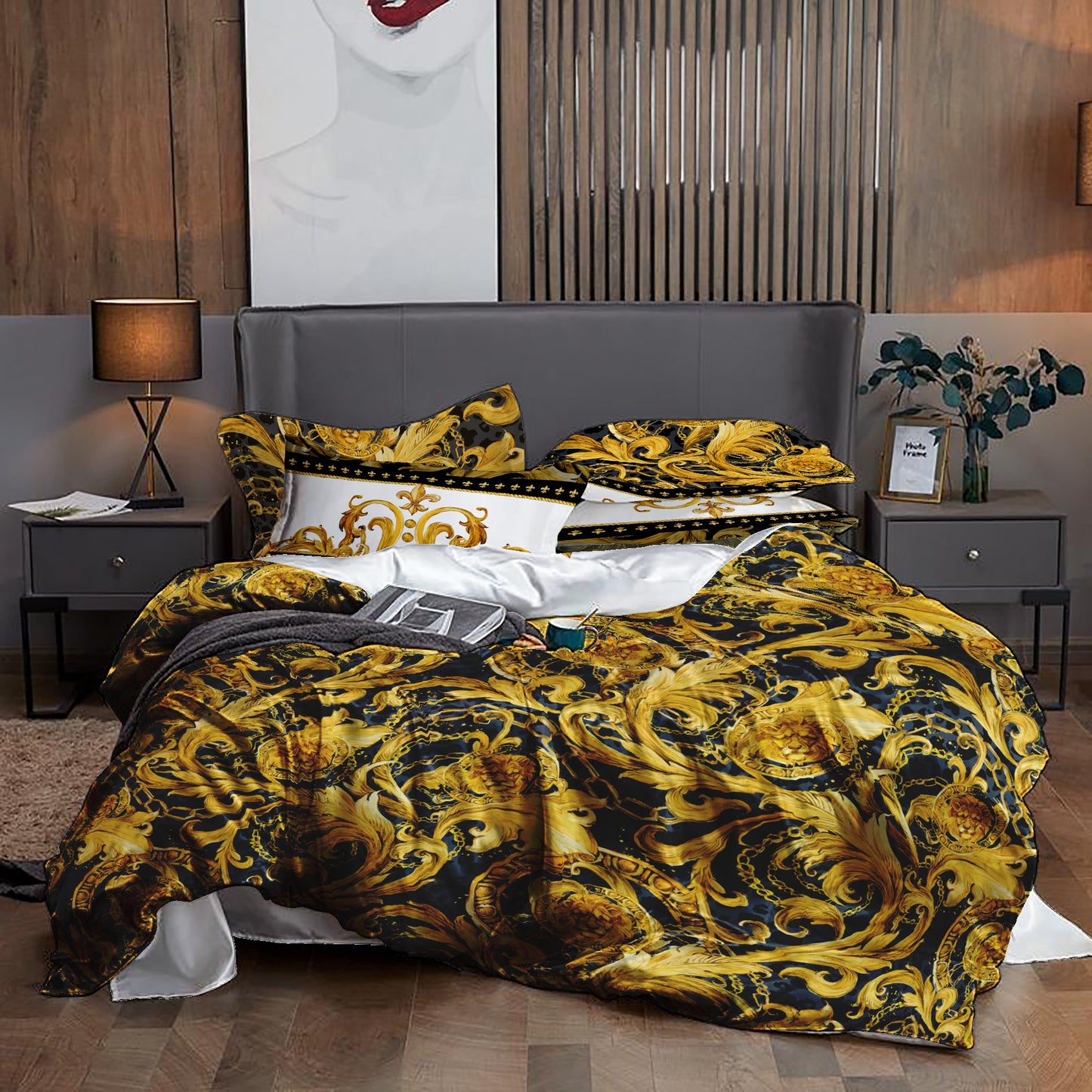 Damask Baroque Eccentric Personalised Yellow-Black exclusive Bedding set • Reversible design • Cotton • microfiber • silk