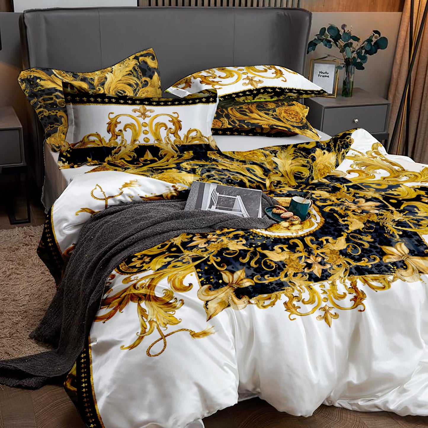 Damask Baroque Eccentric Personalised Yellow-Black exclusive Bedding set • Reversible design • Cotton • microfiber • silk
